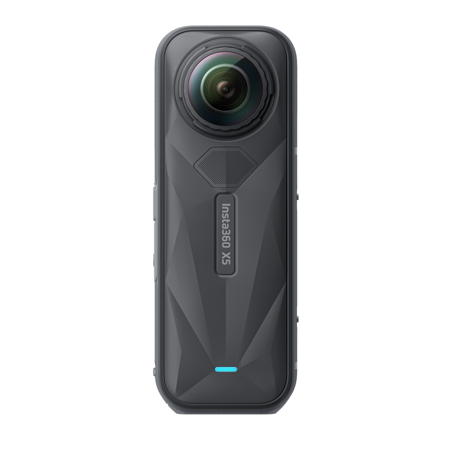 A black Insta360 X5 camera.