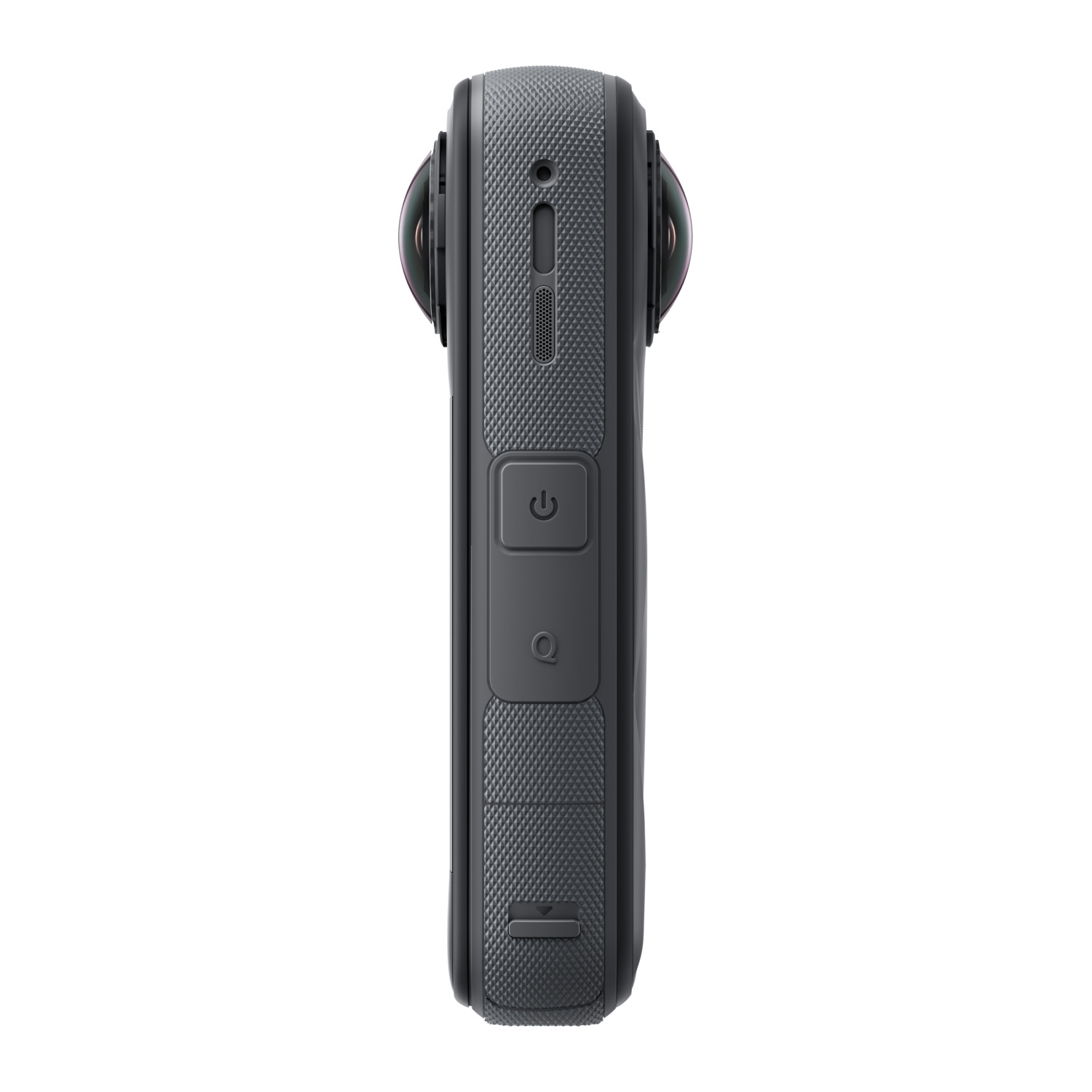 Gray 360-degree camera. Side view with power button and lens visible.