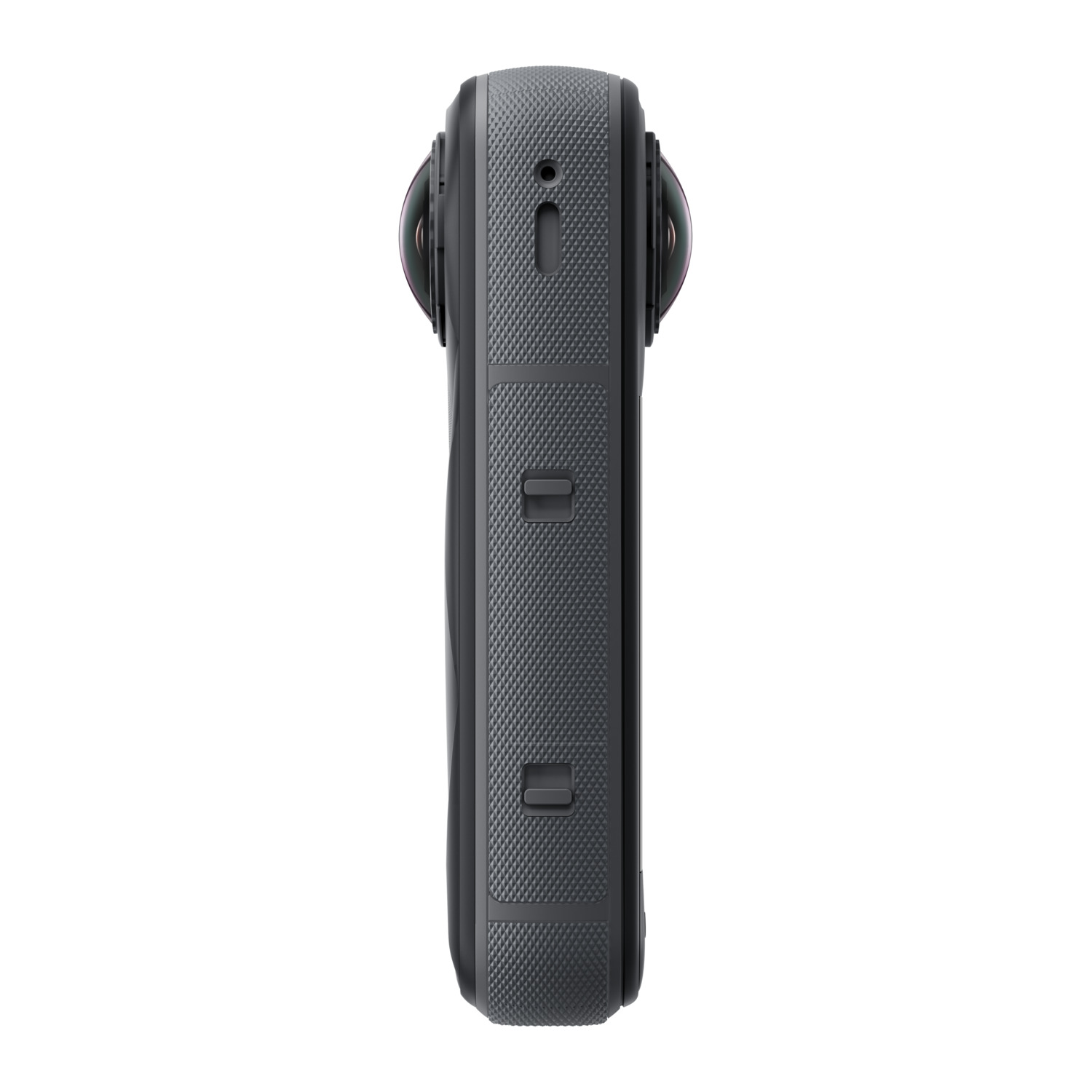 Black 360 camera, side view, with textured grip and lenses on each side.