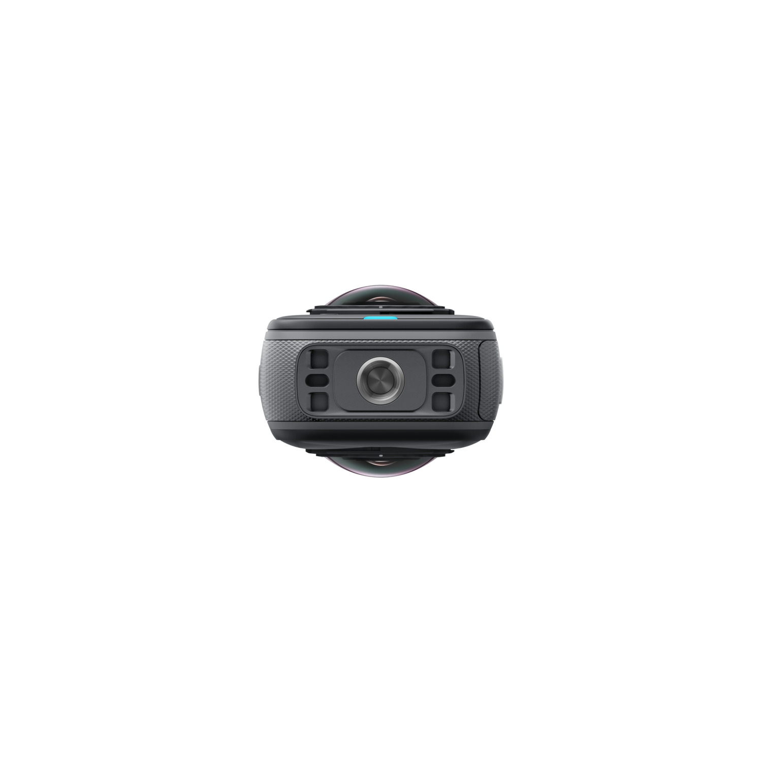 A black camera with a lens and multiple buttons on a white background.