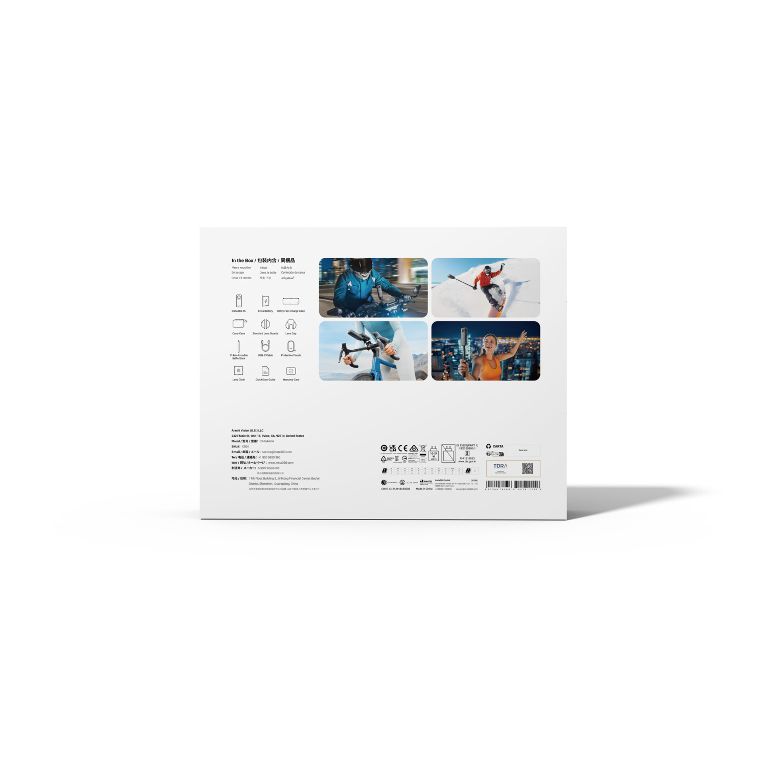 Dos d'une boîte de produit avec des images et des icônes. La boîte contient du texte en plusieurs langues, avec les détails et les fonctionnalités du produit.