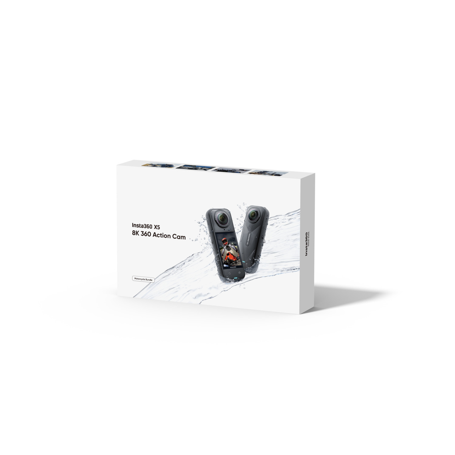 A white box containing an Insta360 X3 8K 360 Action Cam, with a picture of camera on the front.