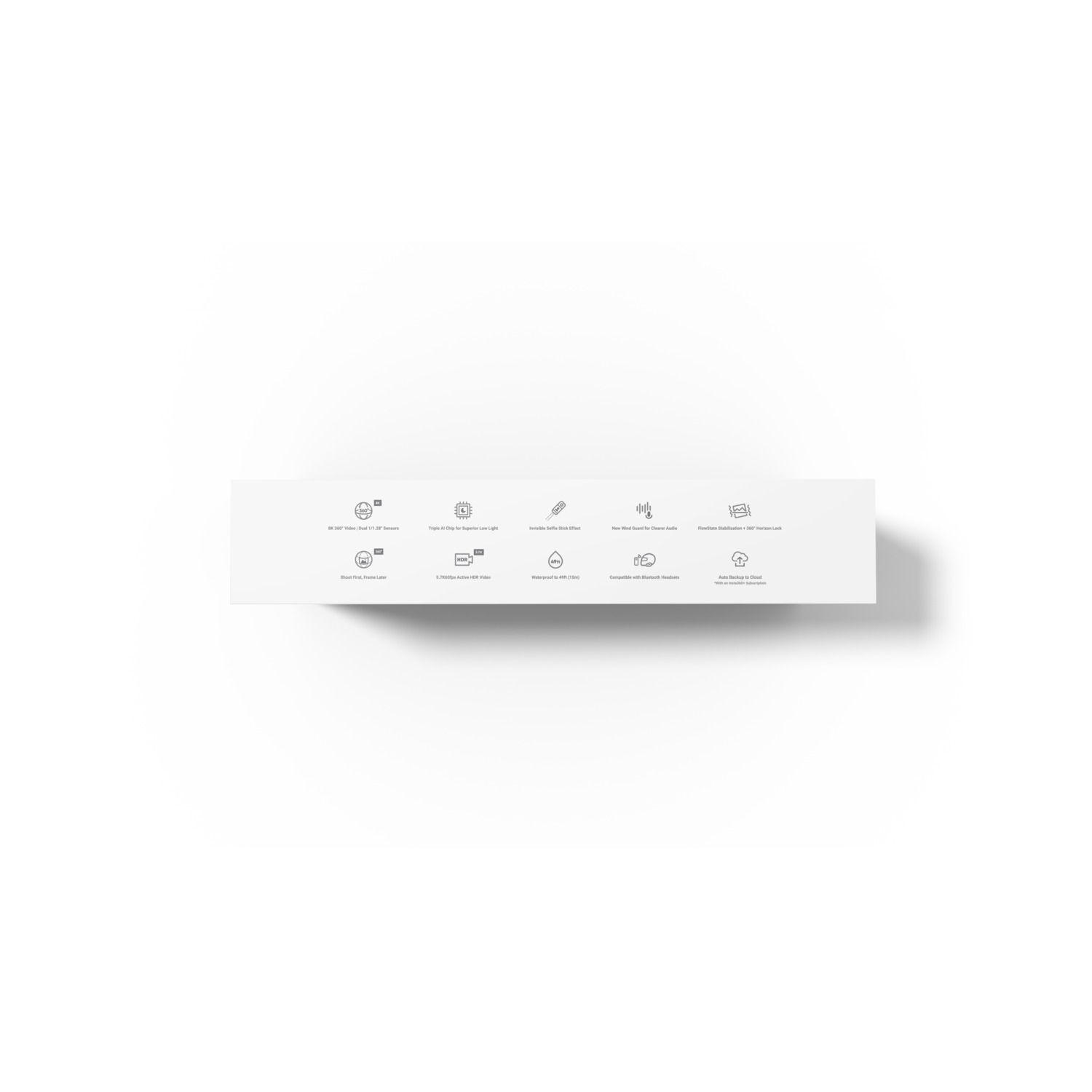 White banner with icons and text. The text describes product features, such as video and audio.