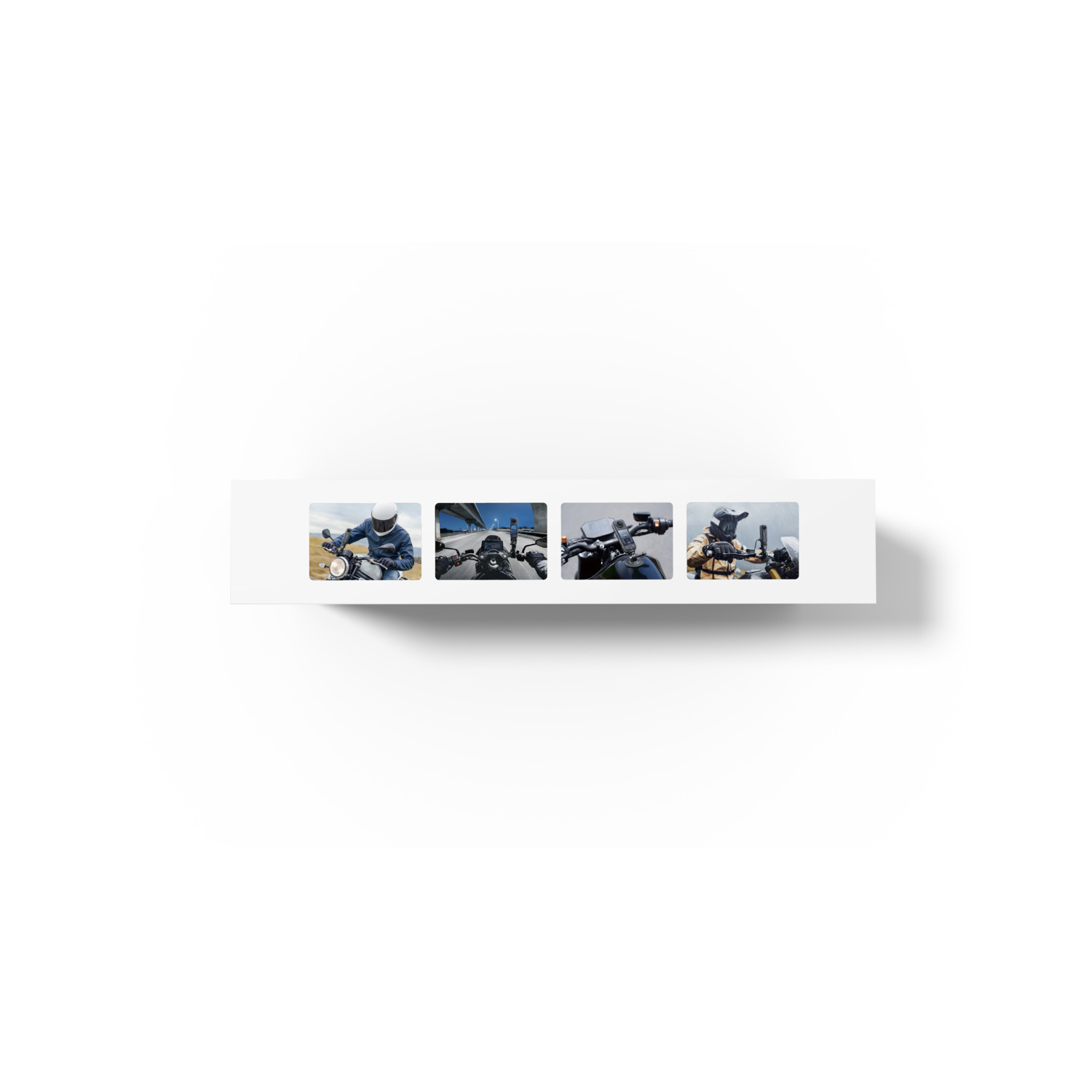 Four small images of motorcyclists on the road, in a white rectangle.