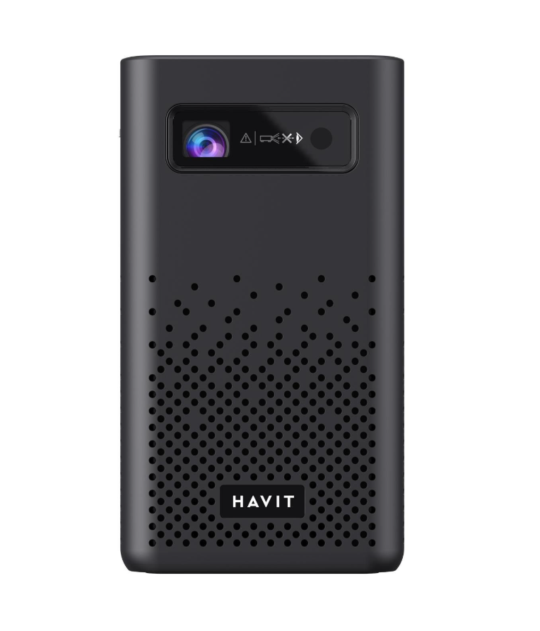 Siyah bir HAVIT projektör. Projektörün ön tarafında bir lens var. Gövde küçük deliklerle siyah.