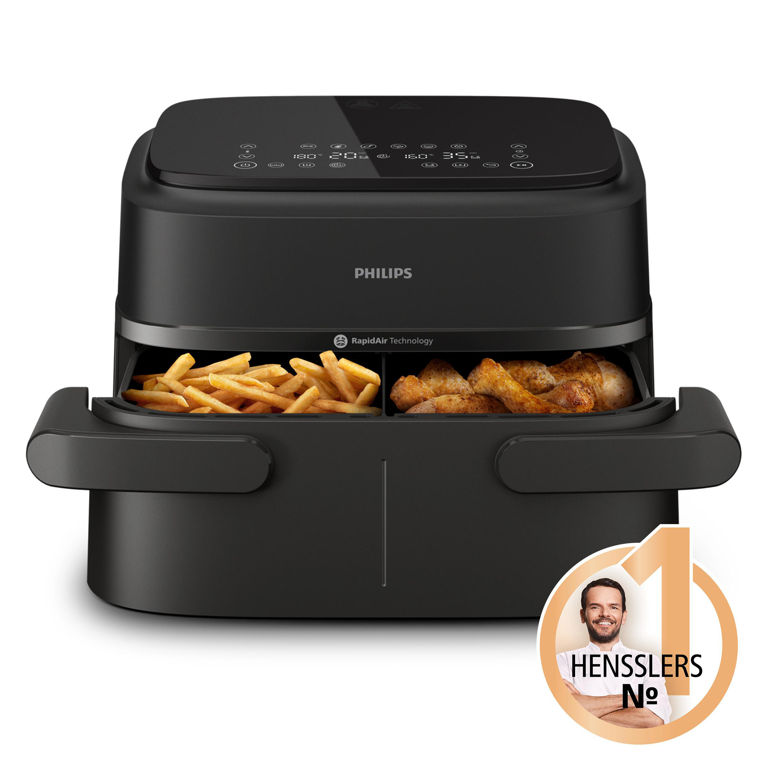 Schwarze Philips-Heißluftfritteuse mit zwei Fächern, Pommes und Hähnchen.