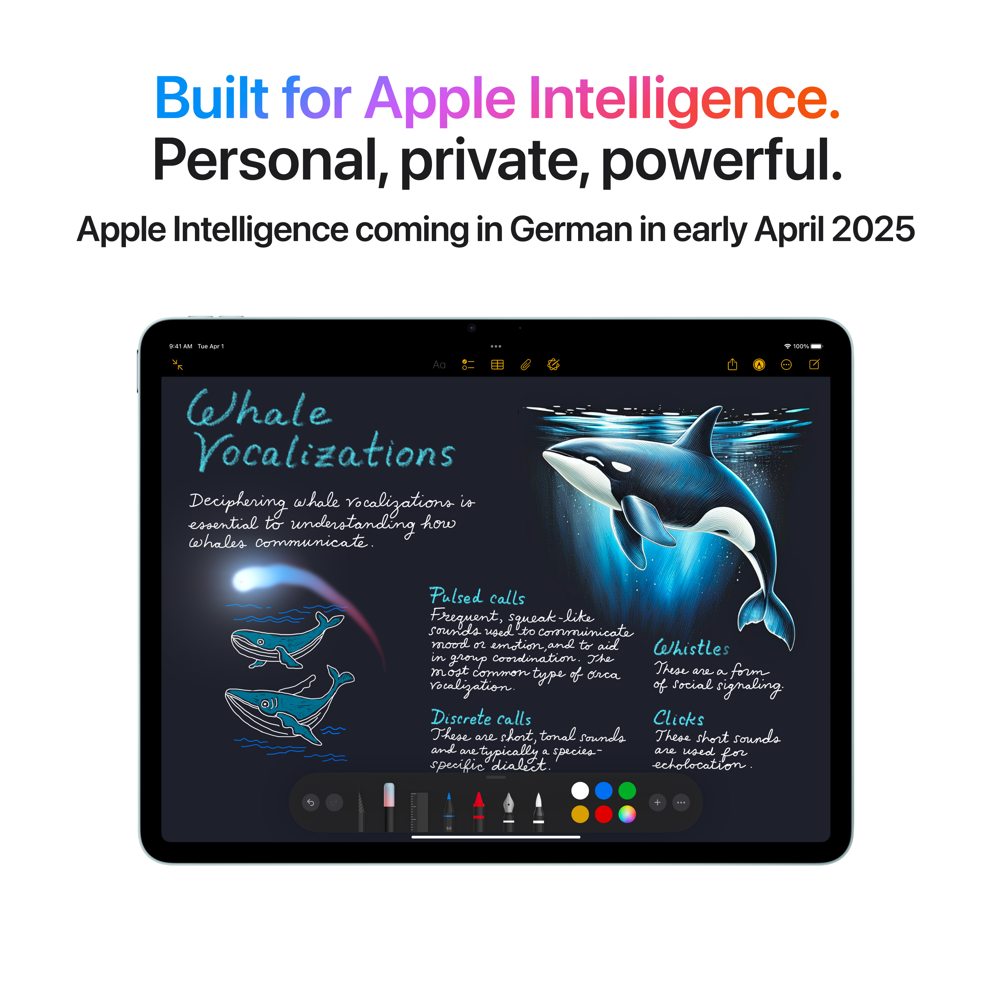 Ein iPad mit einer Zeichnung eines Wals und Text darauf. Der Hintergrund ist schwarz.