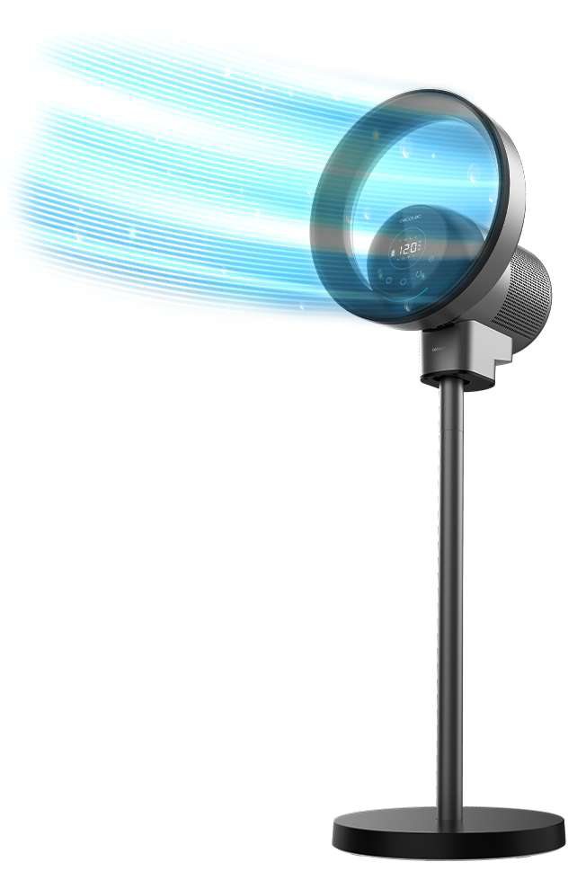 Modern ventilátor, fekete alappal, magas szürke szárral, és gyűrű alakú ventilátorfejjel.