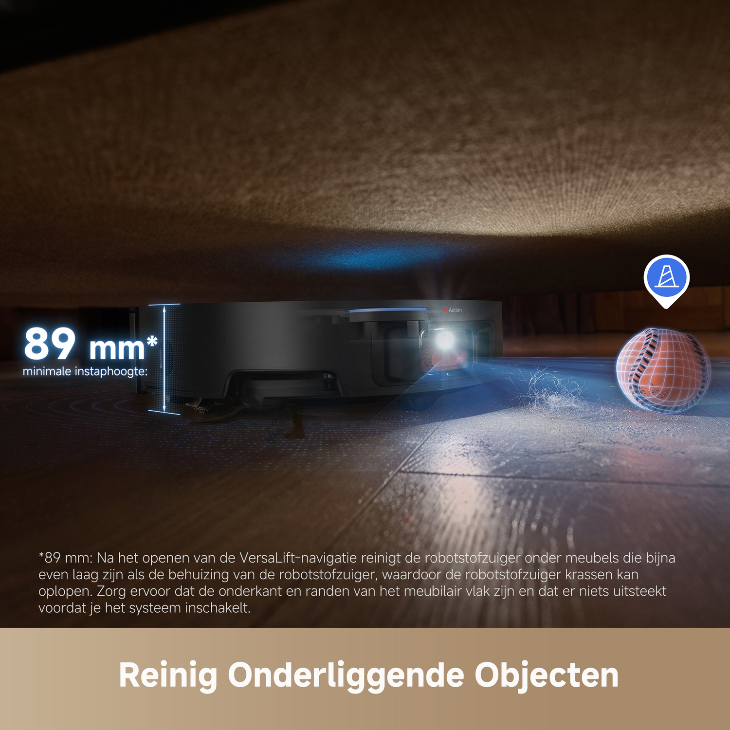 Een robotstofzuiger onder een bed. Een basketbal ligt op de grond.