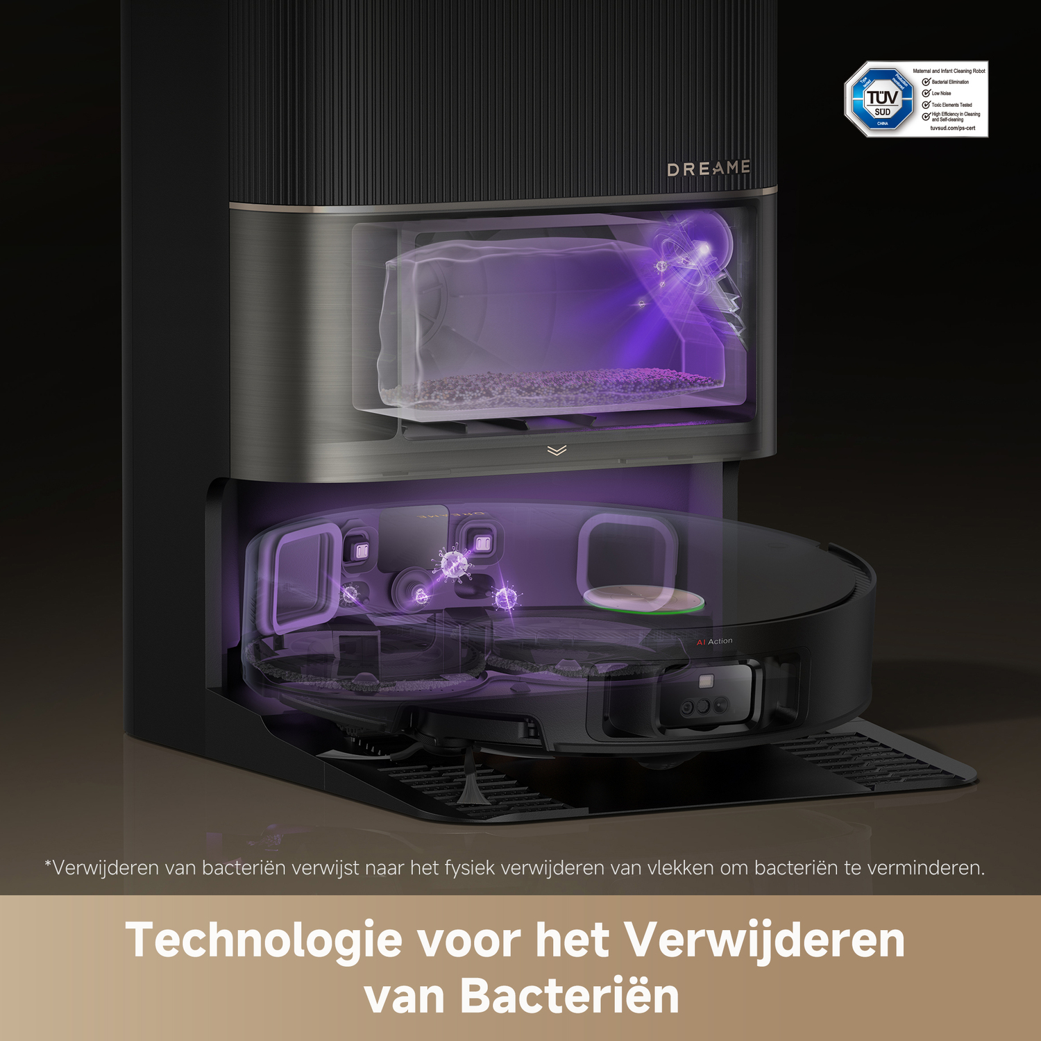Dreame robotstofzuiger en oplaadstation. De stofzuiger is zichtbaar door een transparant compartiment, met bacteriën.