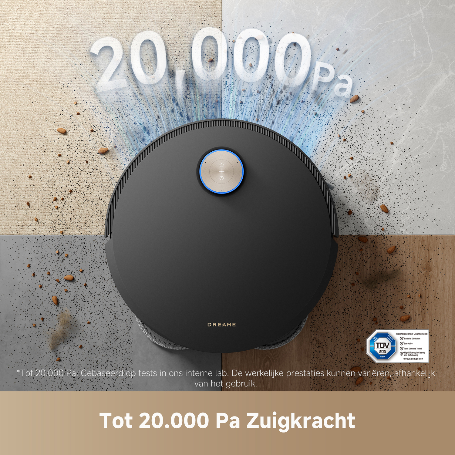 Robotstofzuiger op verschillende vloertypes. Tekst: 20.000 Pa zuigkracht.