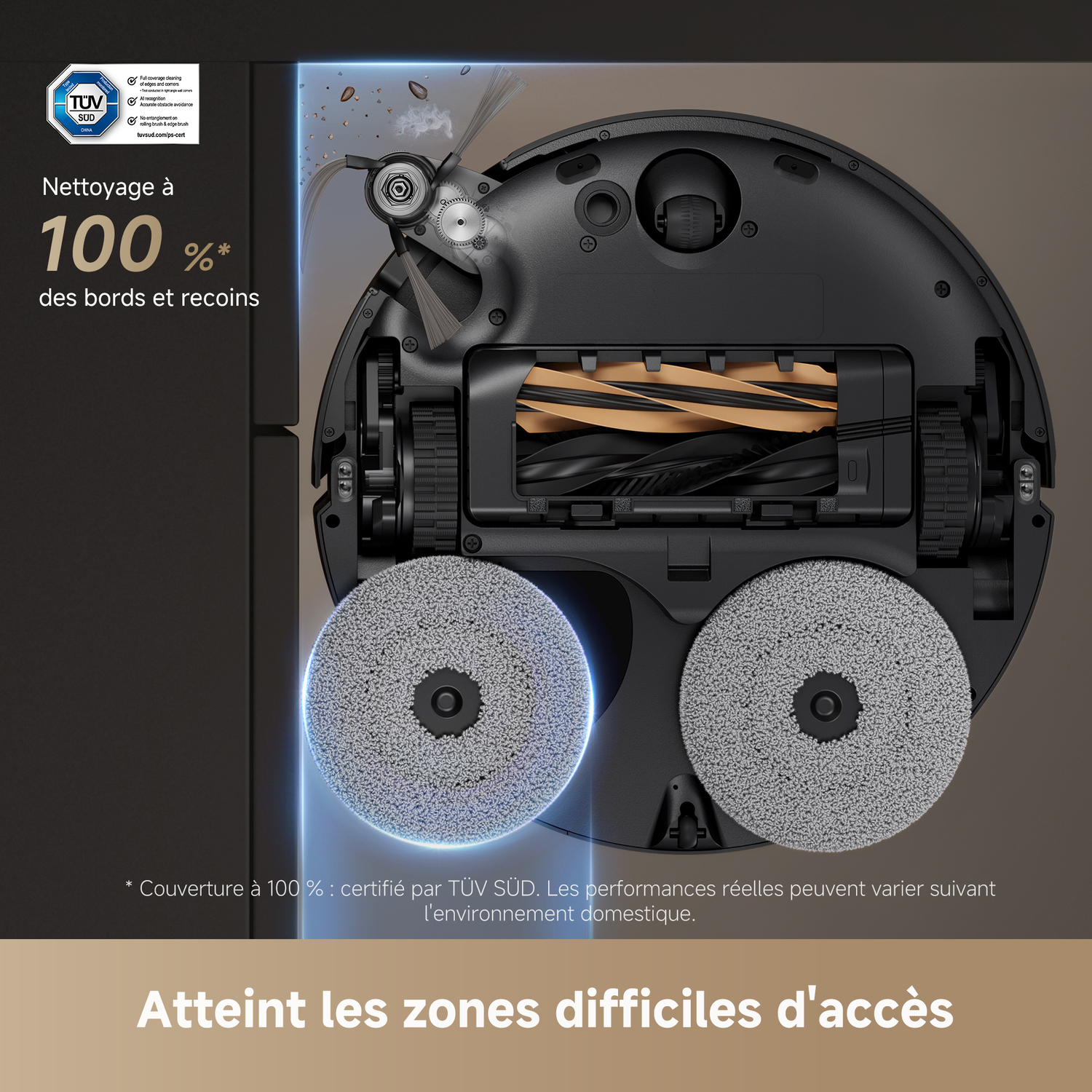 Aspirateur robot montrant des tampons de nettoyage et des composants internes.