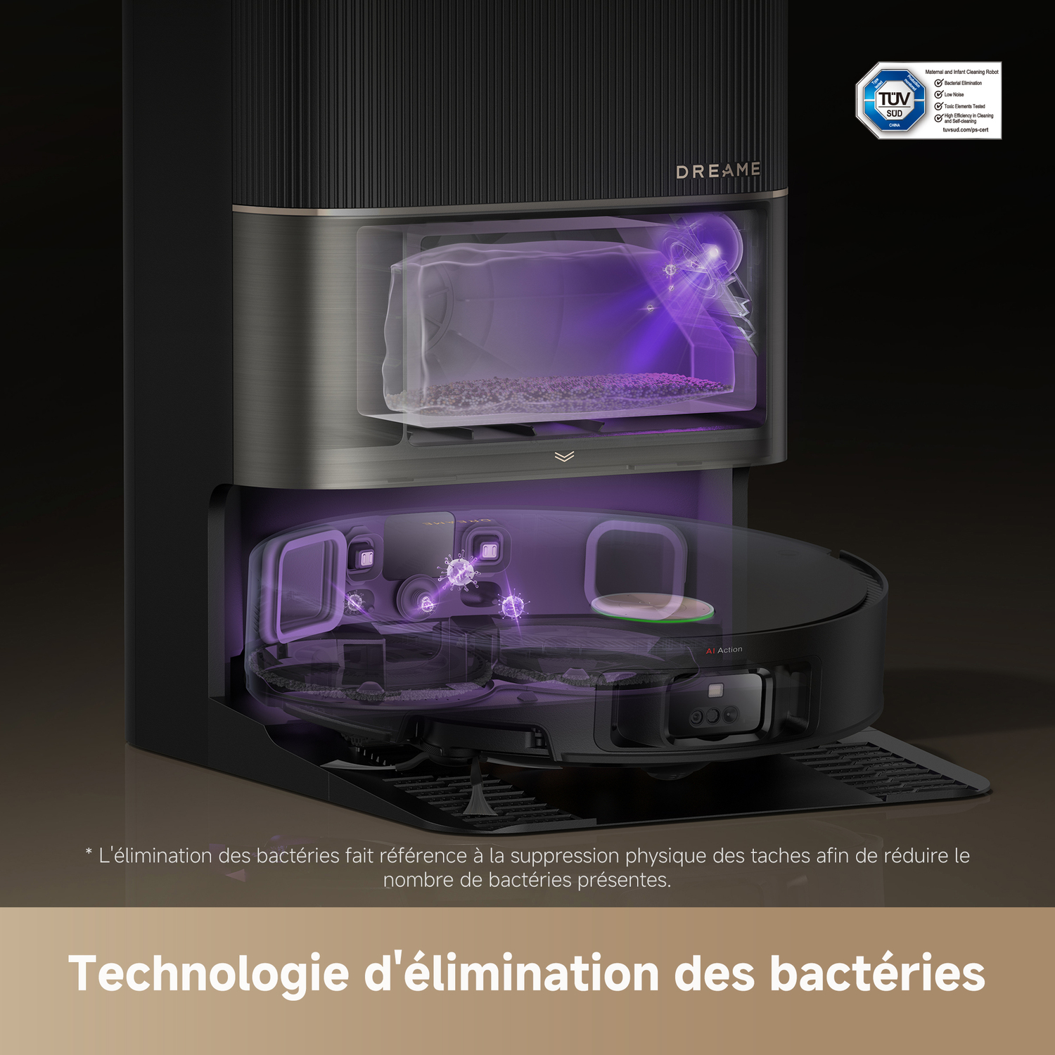 Robot aspirateur avec système de désinfection UV, ouvert, avec texte en français.