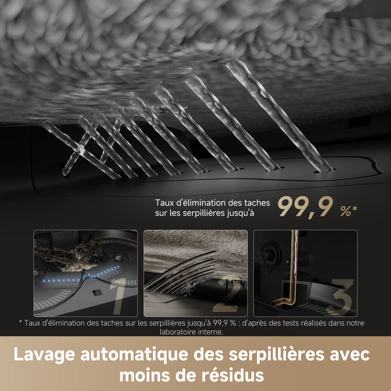 Gros plan d'un robot de nettoyage montrant le processus de nettoyage avec des jets d'eau.