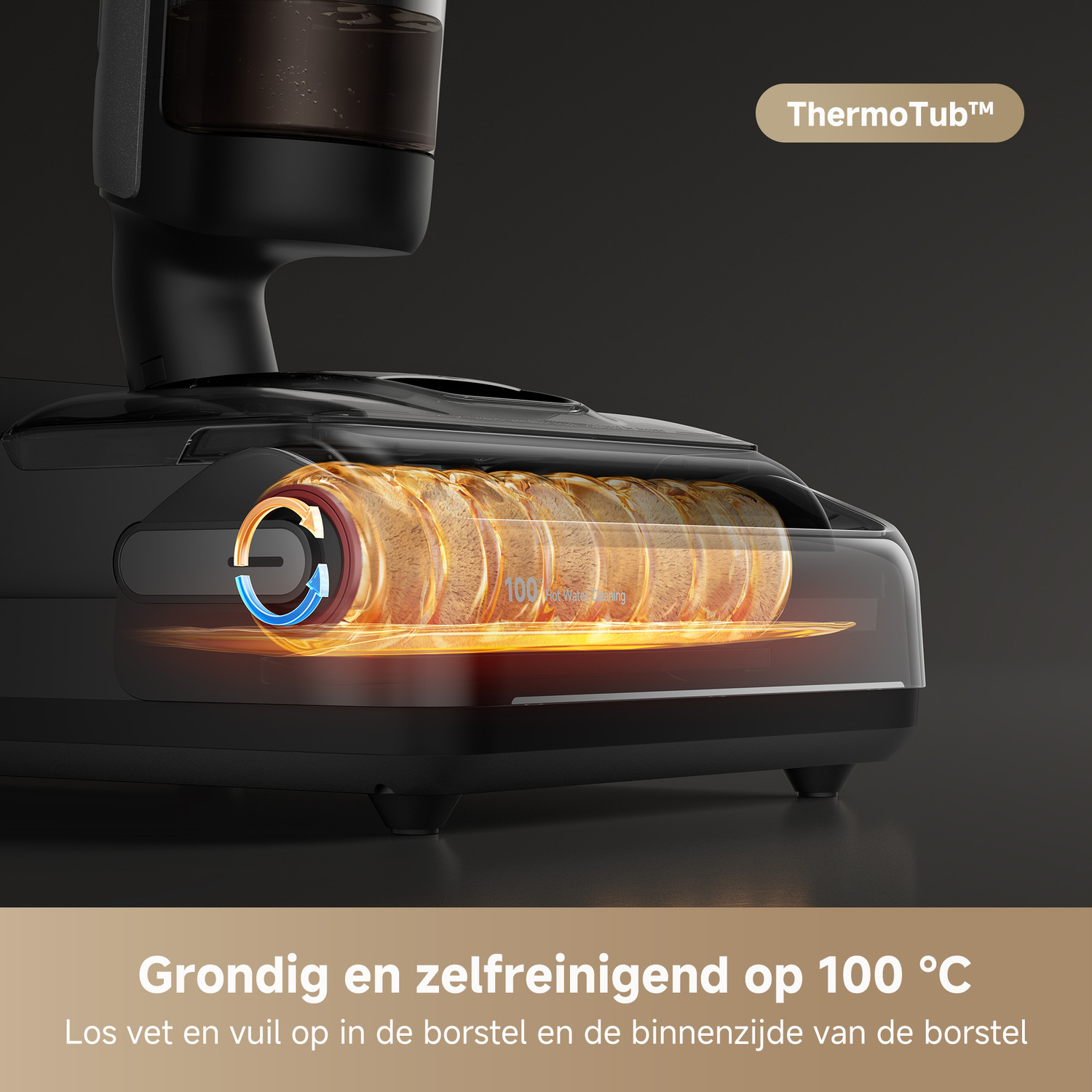 Stofzuigerbasis met een transparant gedeelte dat verwarming toont.