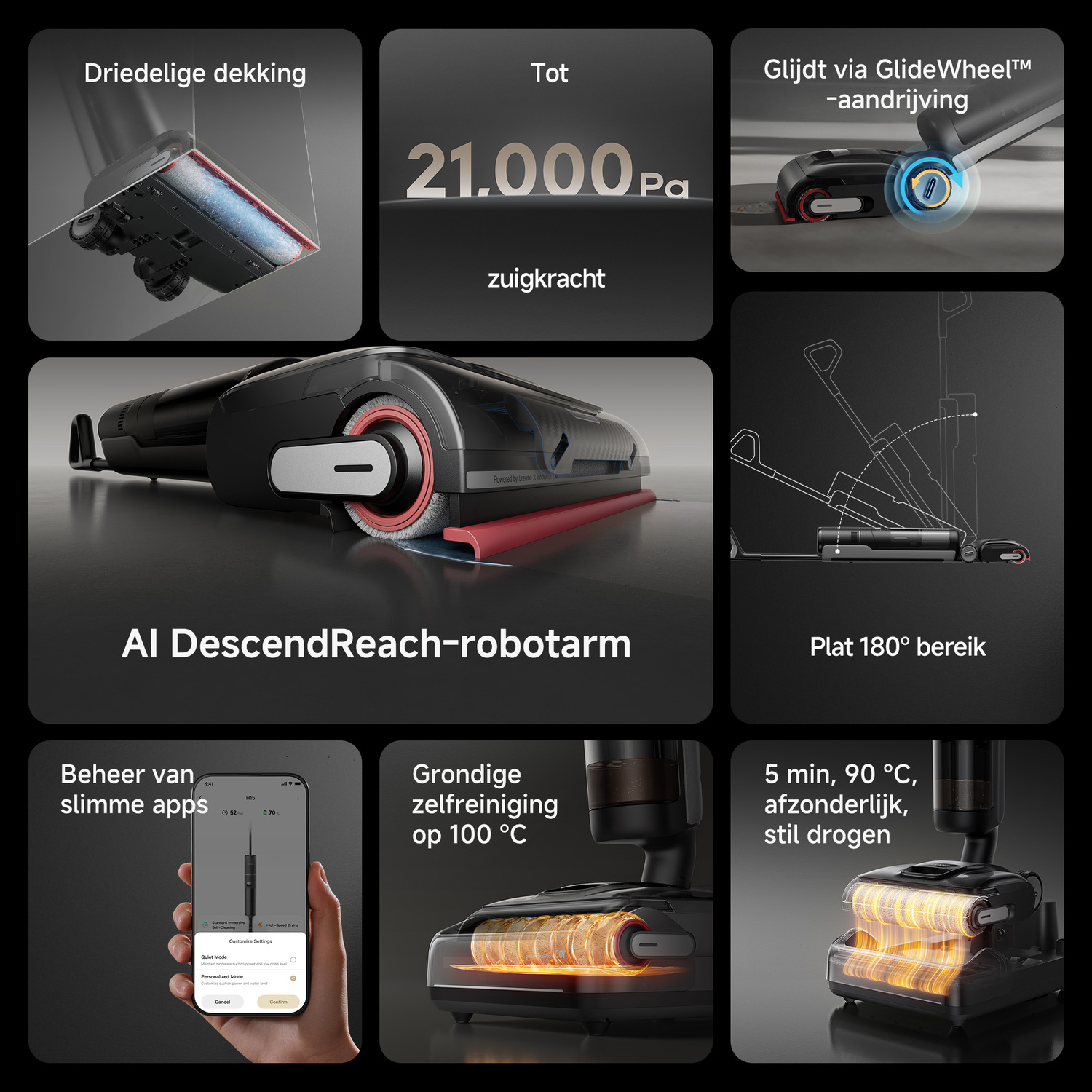 Een infographic toont details van stofzuigerfuncties. Het toont een stofzuiger, een telefoon en andere diagrammen.