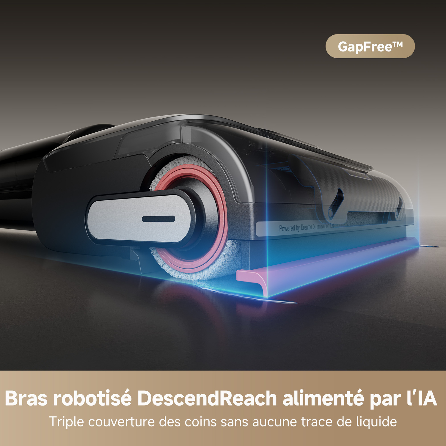 Un gros plan d'un aspirateur robot avec le logo GapFree.