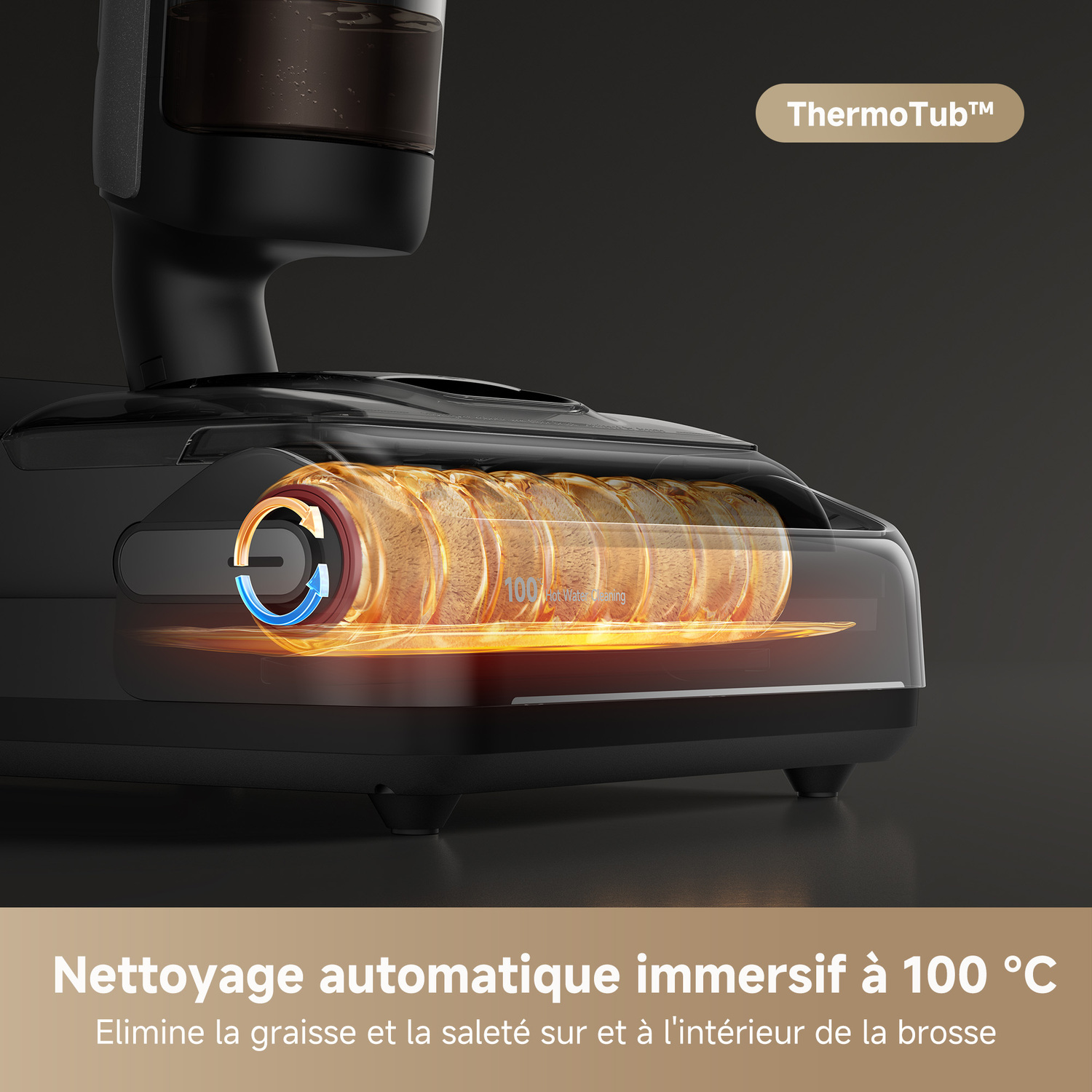 Machine de nettoyage noire avec brosse rotative. Texte : nettoyage par immersion automatique.