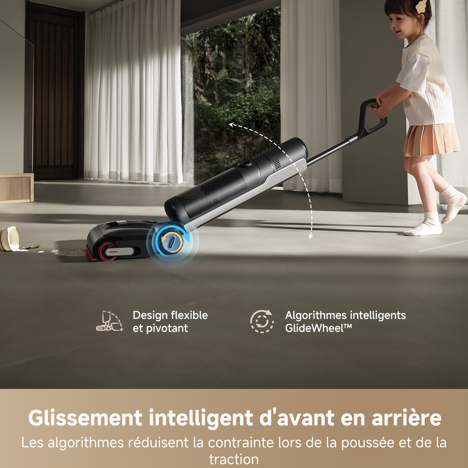 Une fille utilise un aspirateur noir et argenté sur un sol, avec du texte sur la conception.