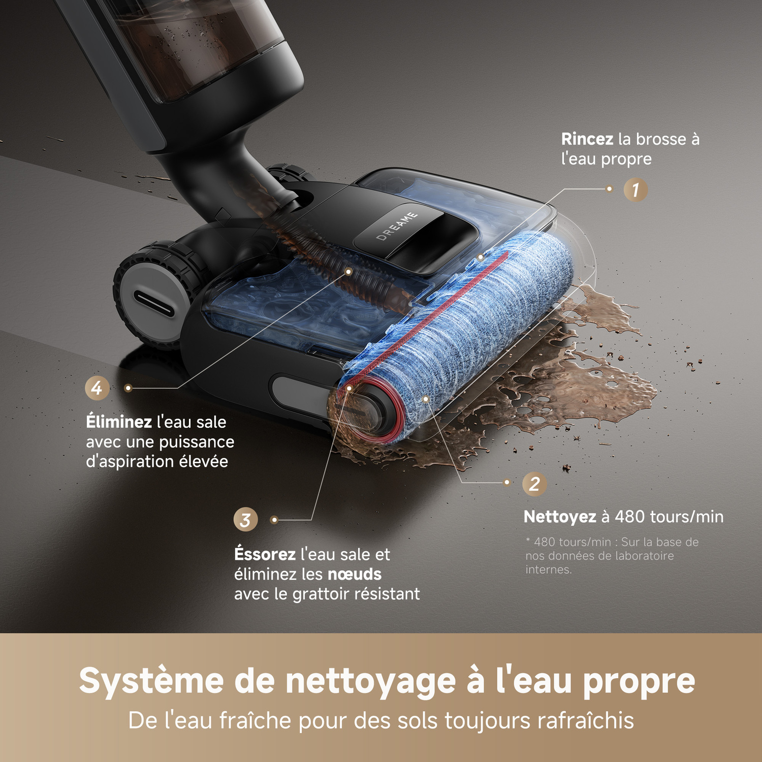 Une tête d'aspirateur est montrée avec du texte et des chiffres. La tête est noire et bleue.