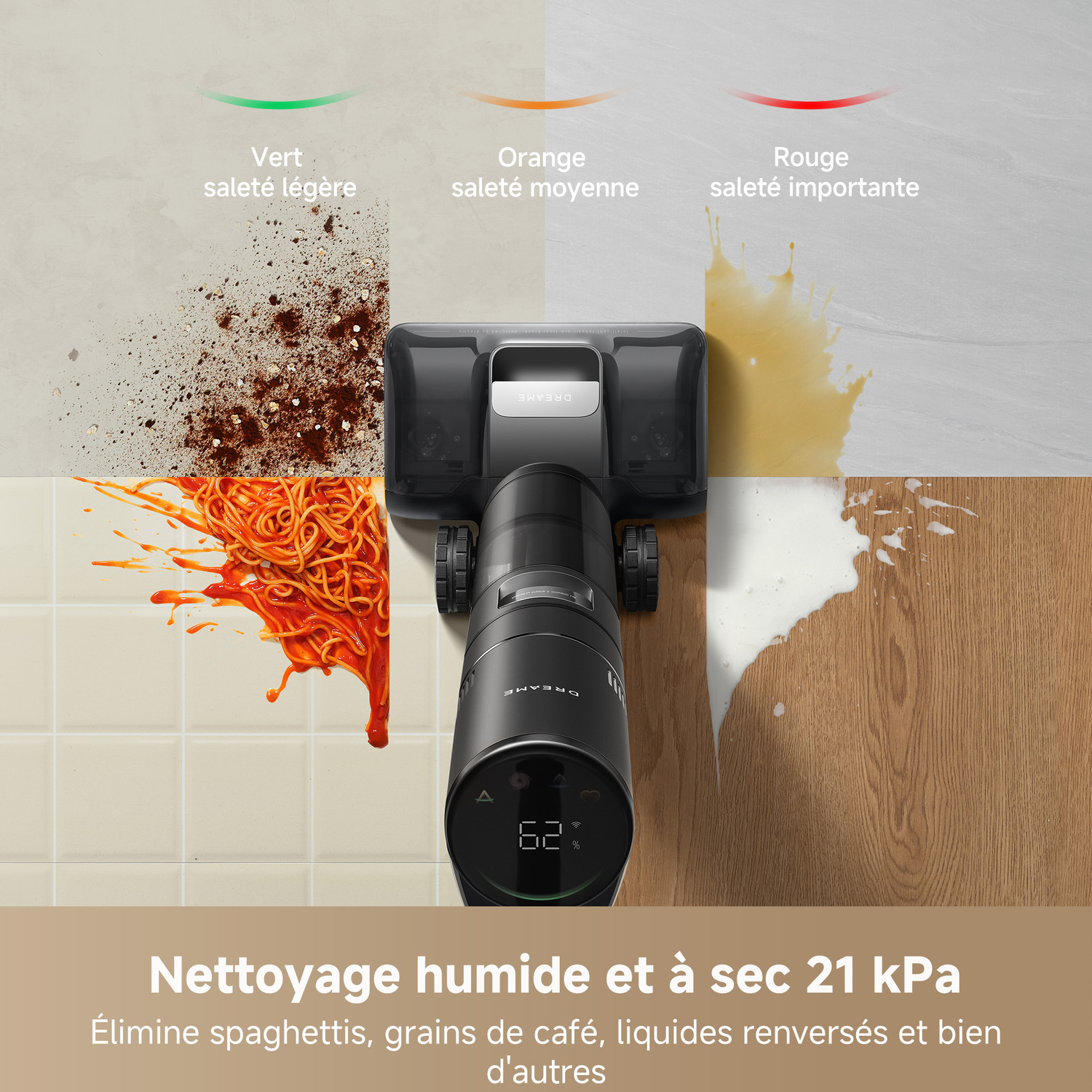 Aspirateur avec différents types de saleté sur diverses surfaces, avec texte en français.