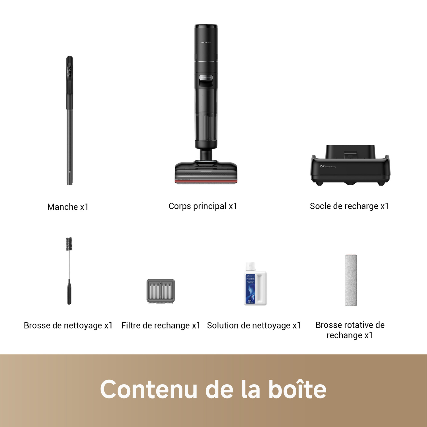 Pièces d'aspirateur disposées, dont une poignée, corps principal, socle de charge et brosse de nettoyage.
