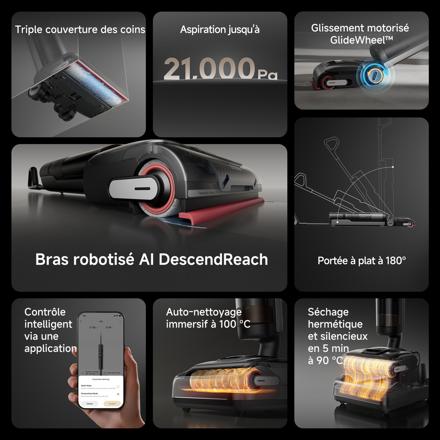 Diagramme d'un aspirateur. Montre diverses fonctionnalités comme l'aspiration, le nettoyage et le séchage.