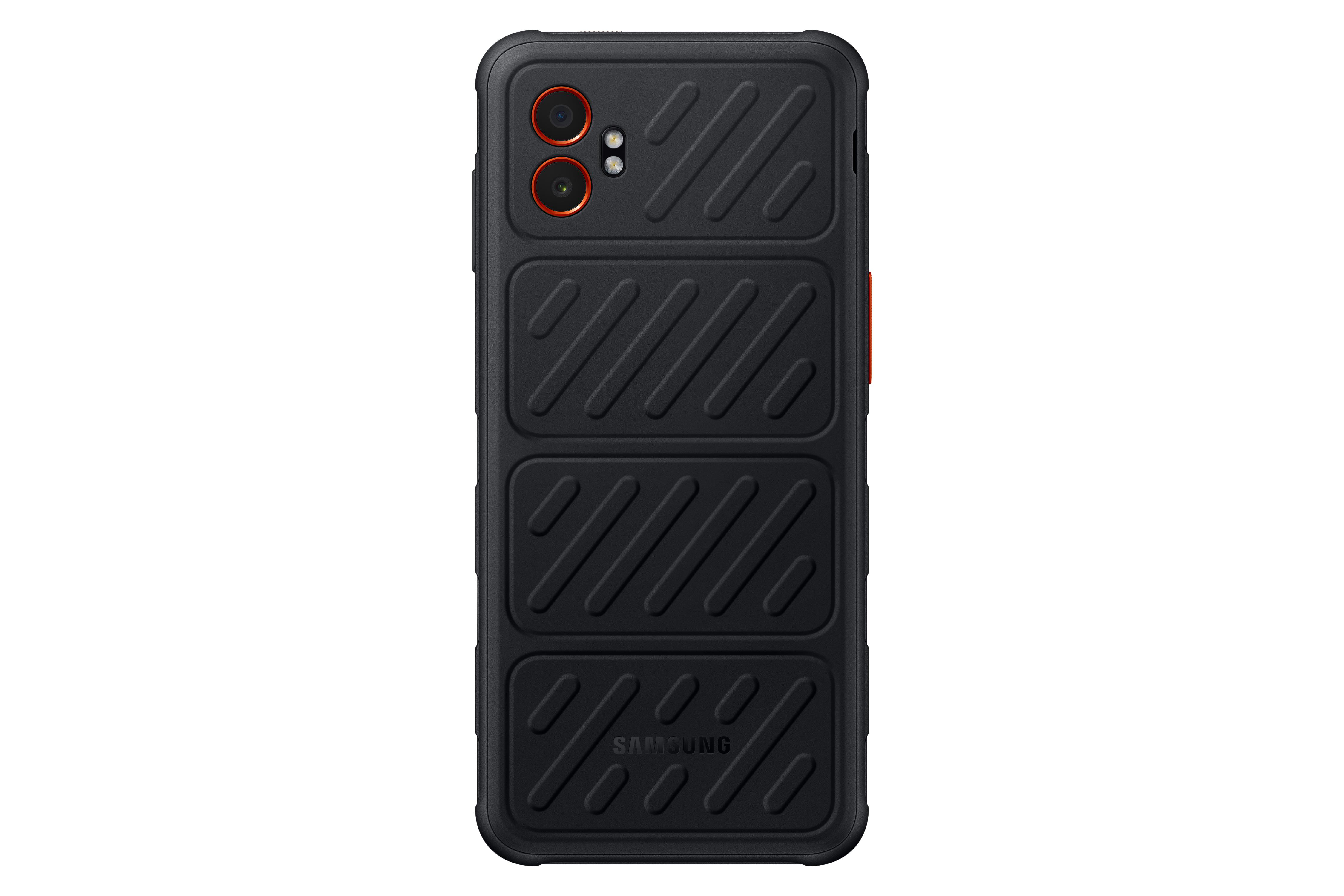 Die Rückseite eines schwarzen, robusten Telefons mit Dual-Kamera und Samsung-Logo.