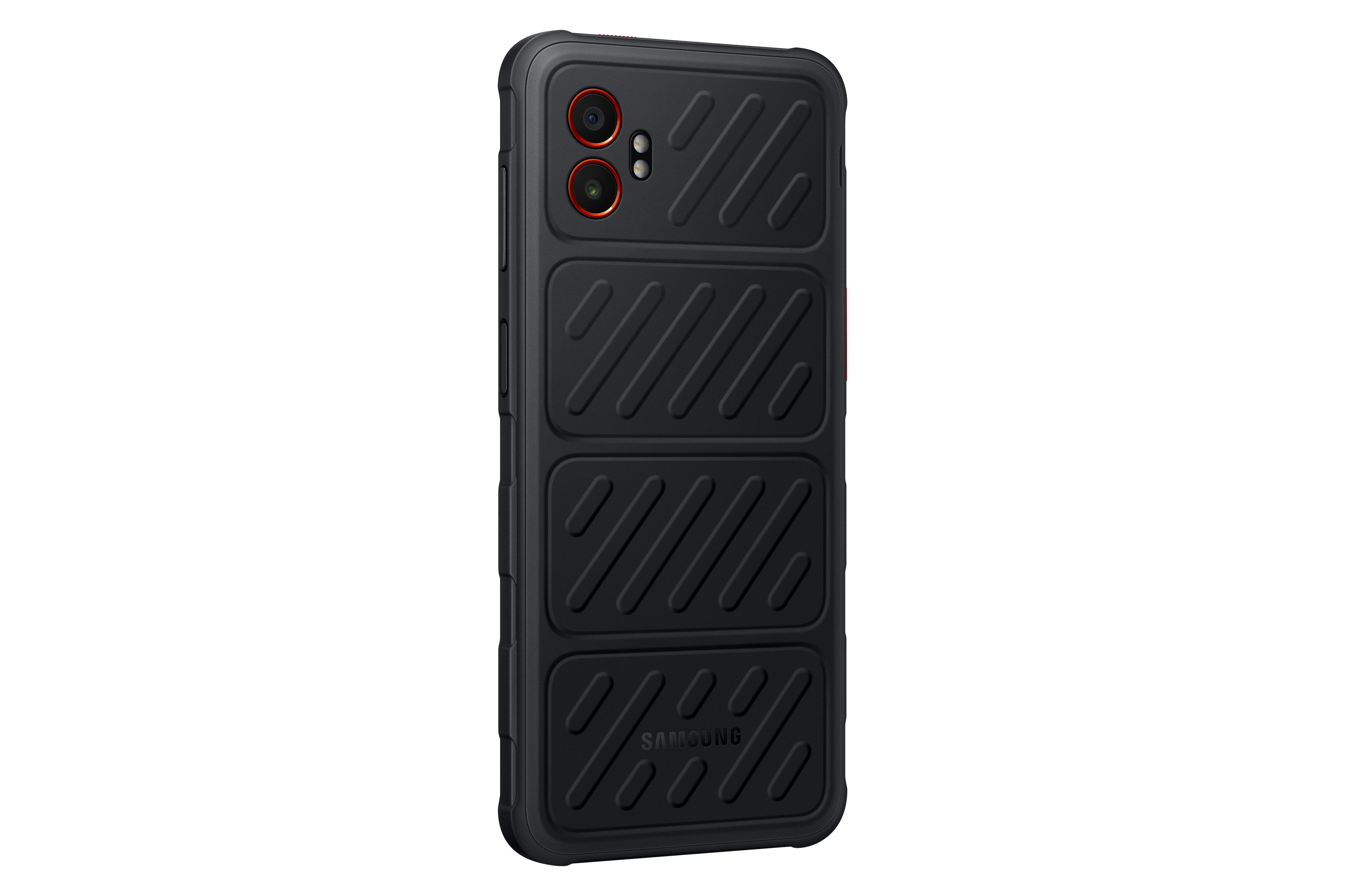 Schwarzes, robustes Smartphone mit strukturierter Rückseite und roten Doppelkameraobjektiven.