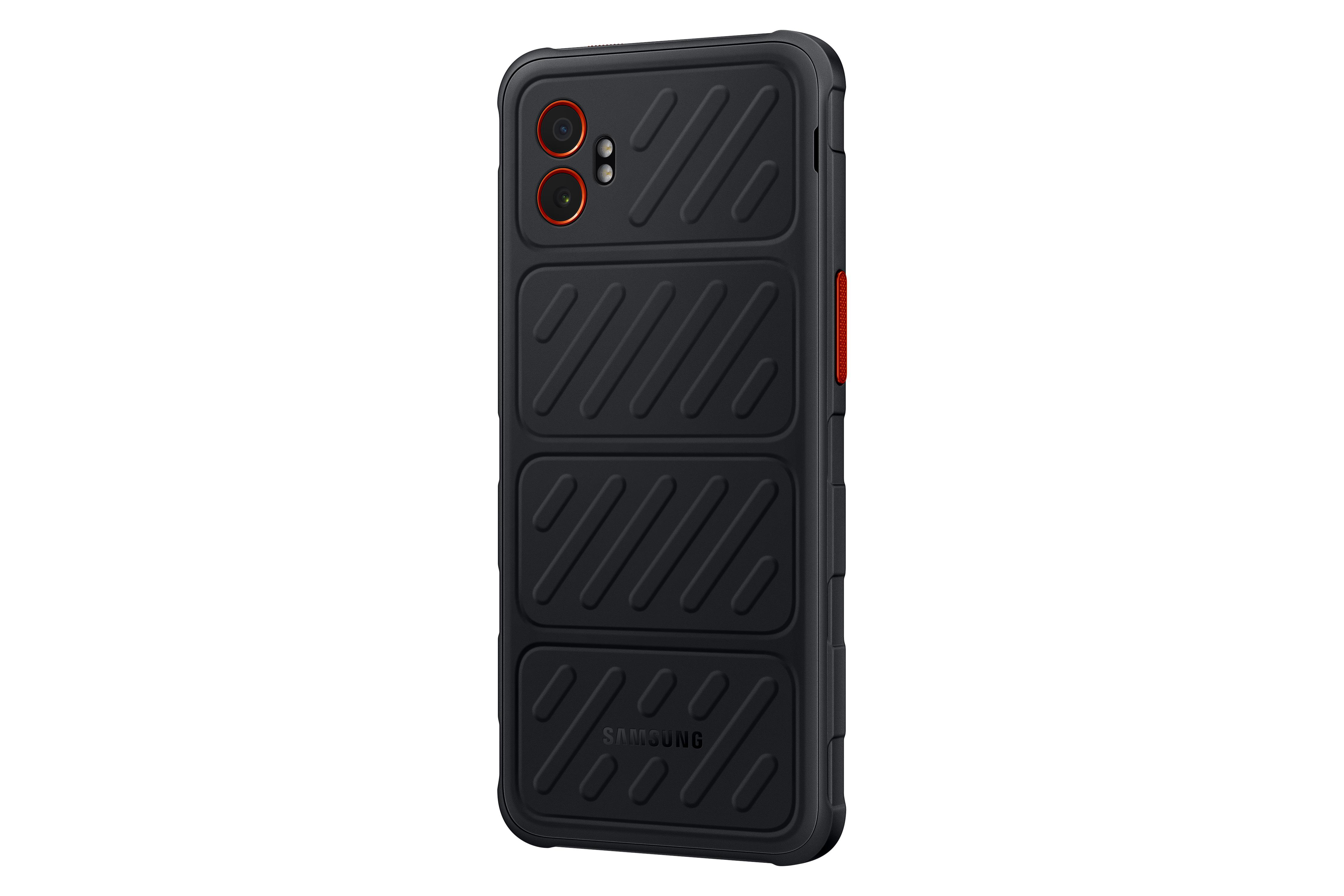Schwarze Handyhülle mit robustem Design. Hat orangefarbene Akzente und ein Samsung-Logo.