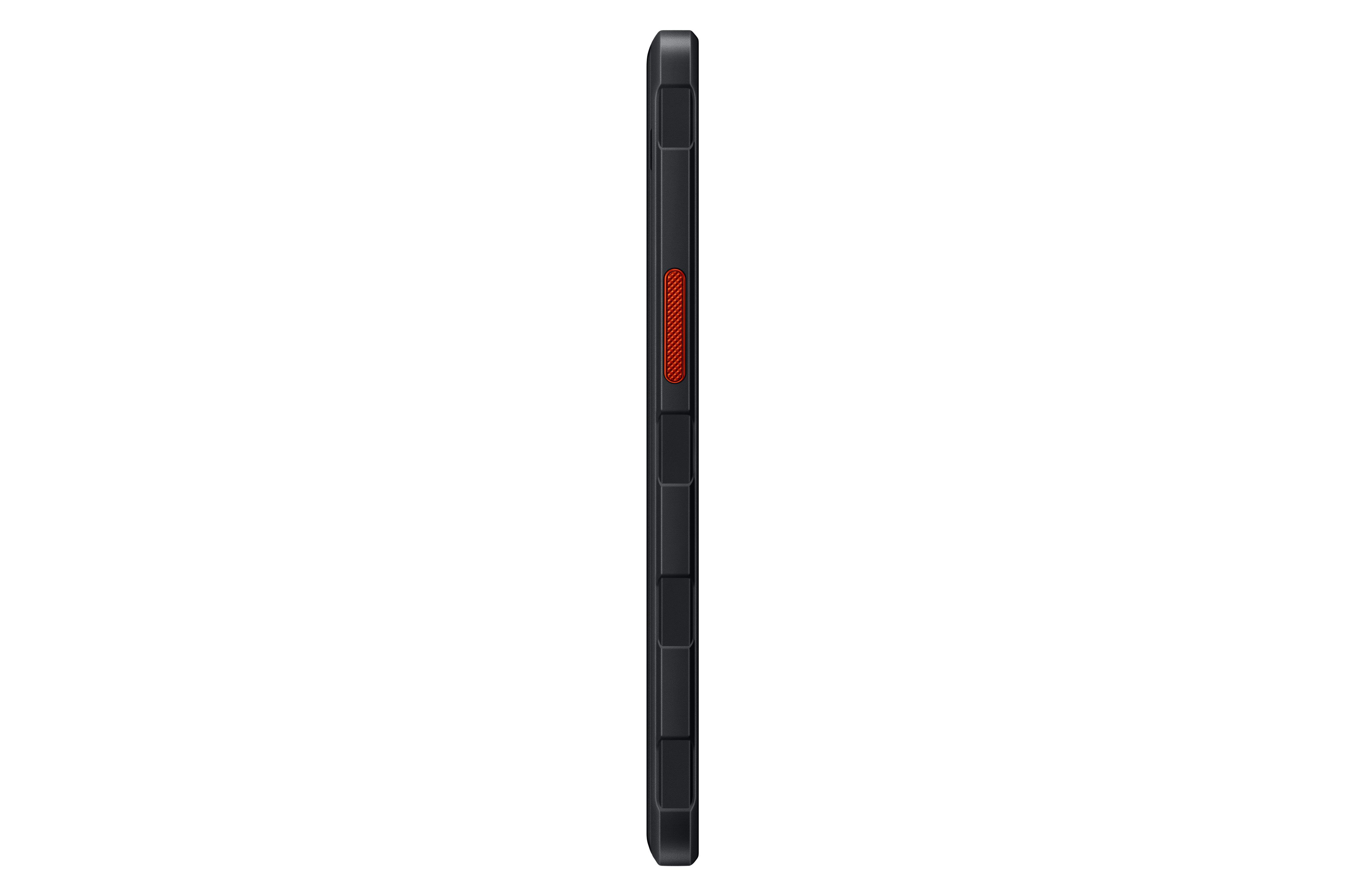 Seitenansicht eines schwarzen Smartphones mit orangefarbener Taste. Robustes Design.