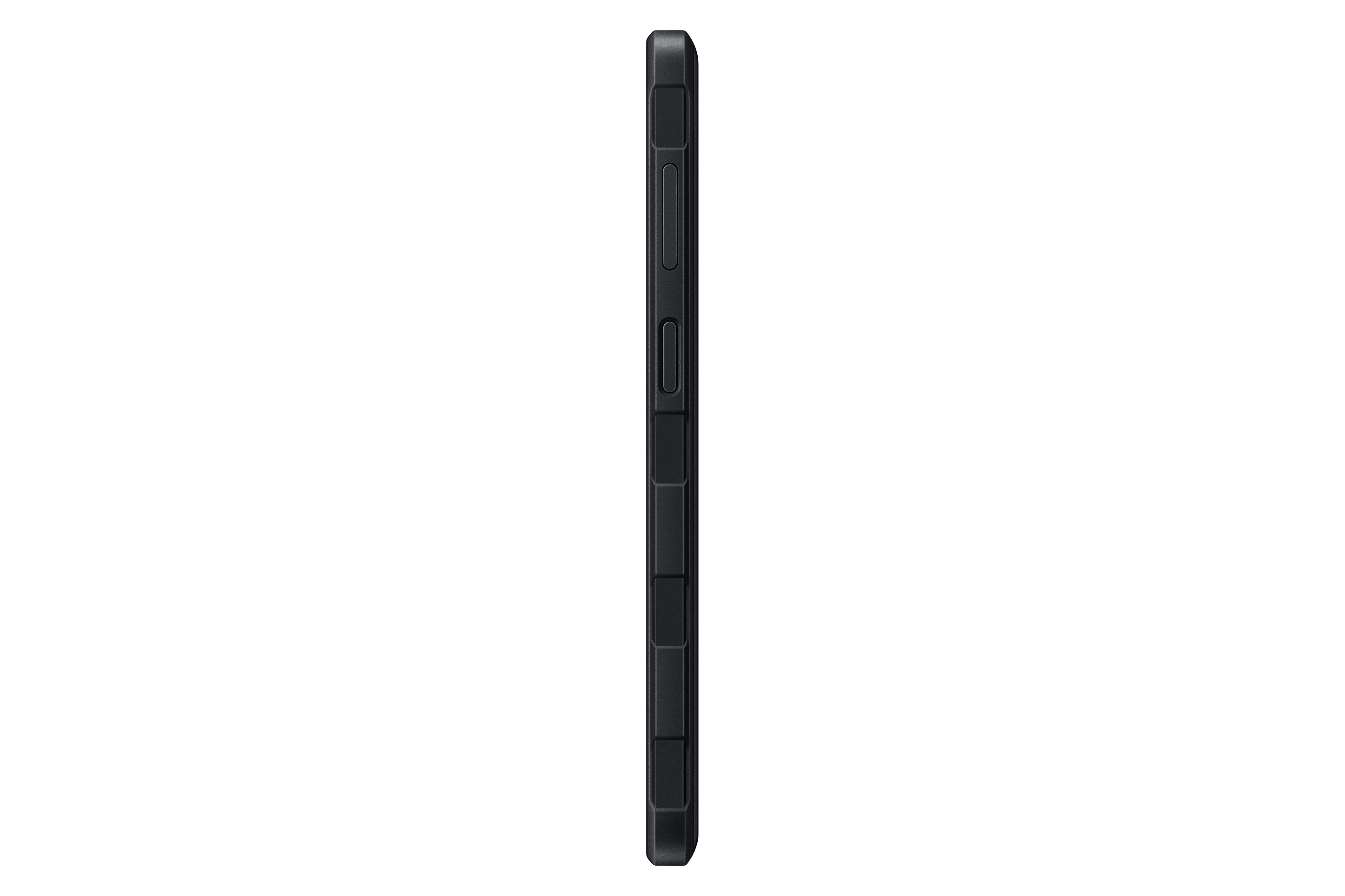 Eine schwarze Handyhülle, Seitenprofil, mit Knöpfen und strukturierten Kanten.