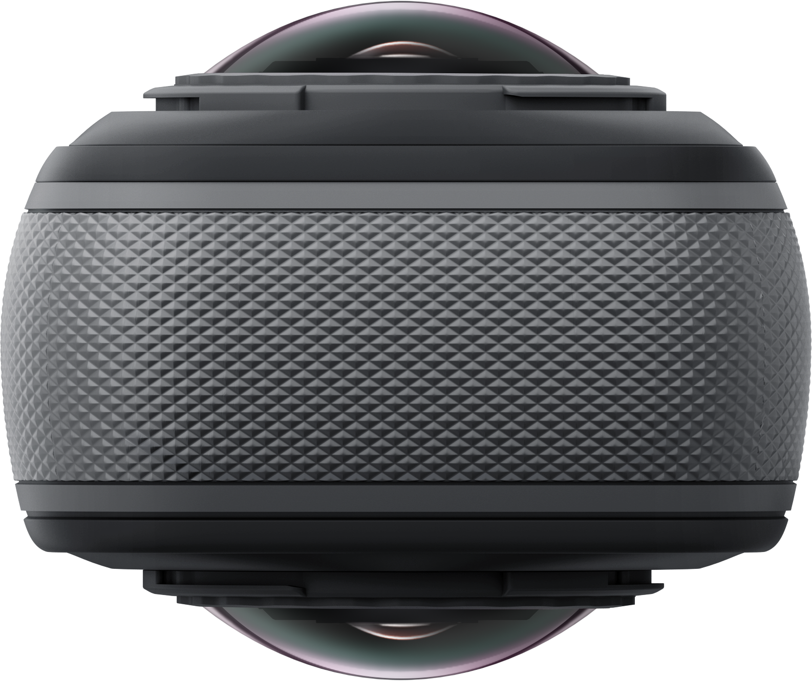 Caméra 360 noire cylindrique avec plusieurs lentilles et une surface texturée à motif diamant.