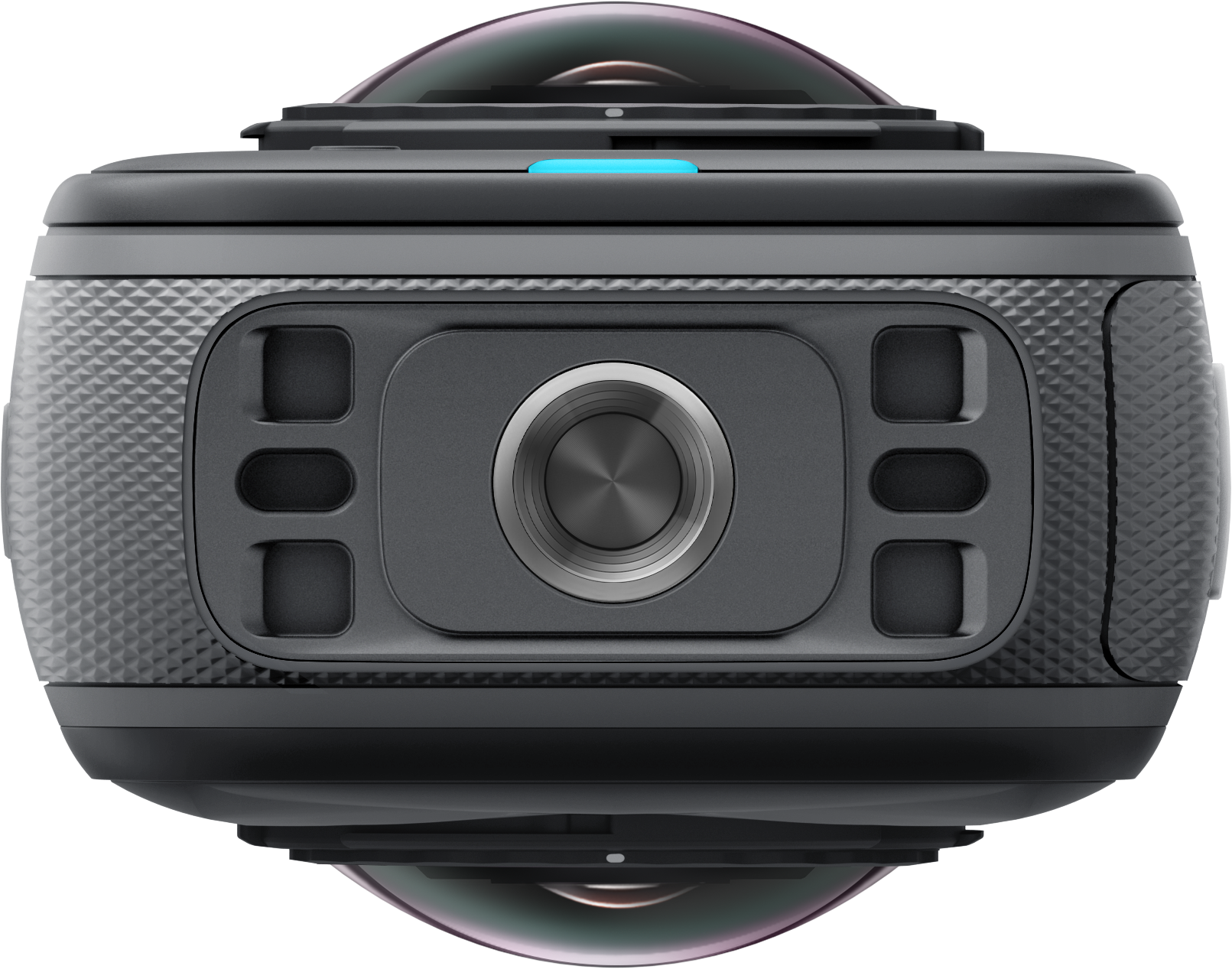 Caméra 360 noire avec plusieurs objectifs. Bouton d'alimentation bleu en haut.