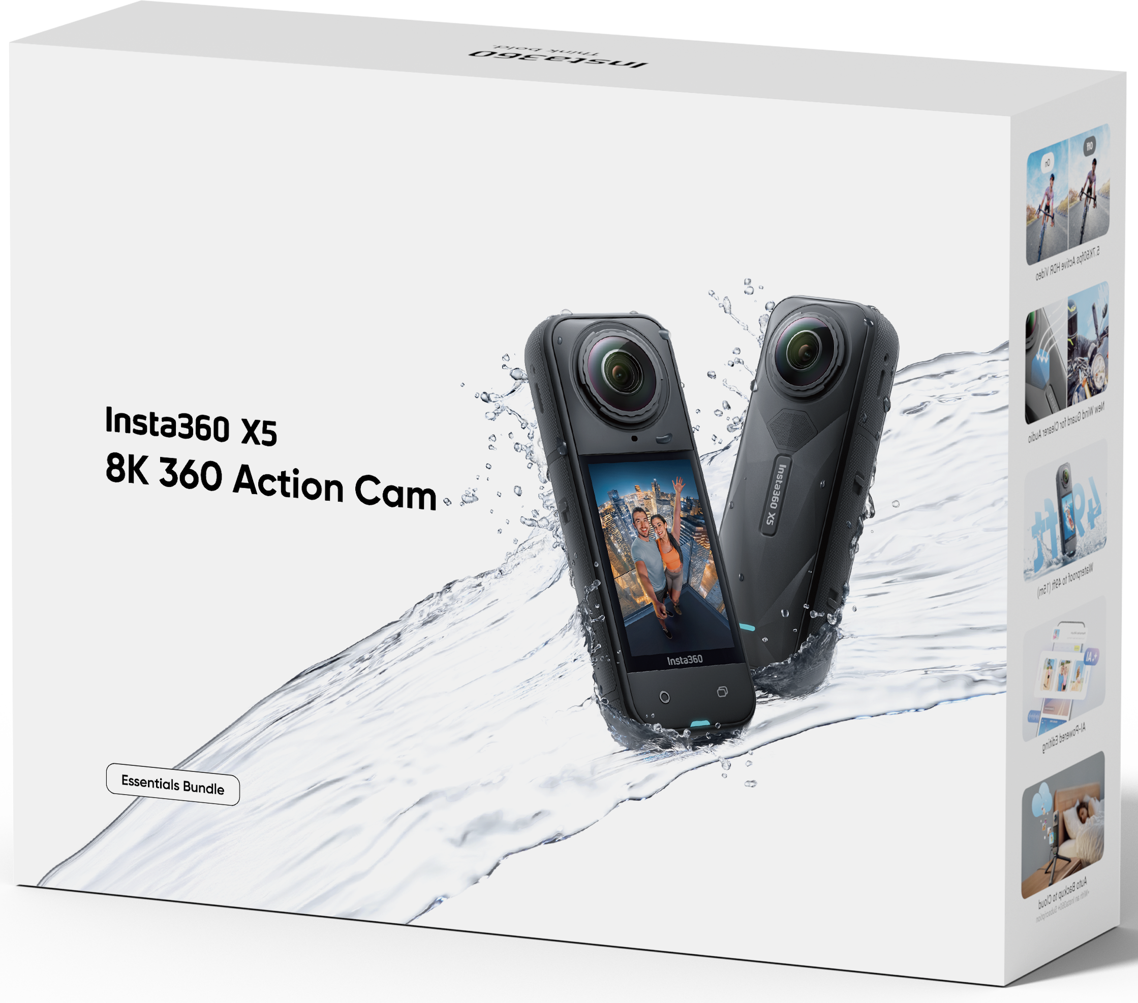 Caméra d'action Insta360 X5 sur fond blanc. Boîte et 2 caméras avec effets d'éclaboussures d'eau.