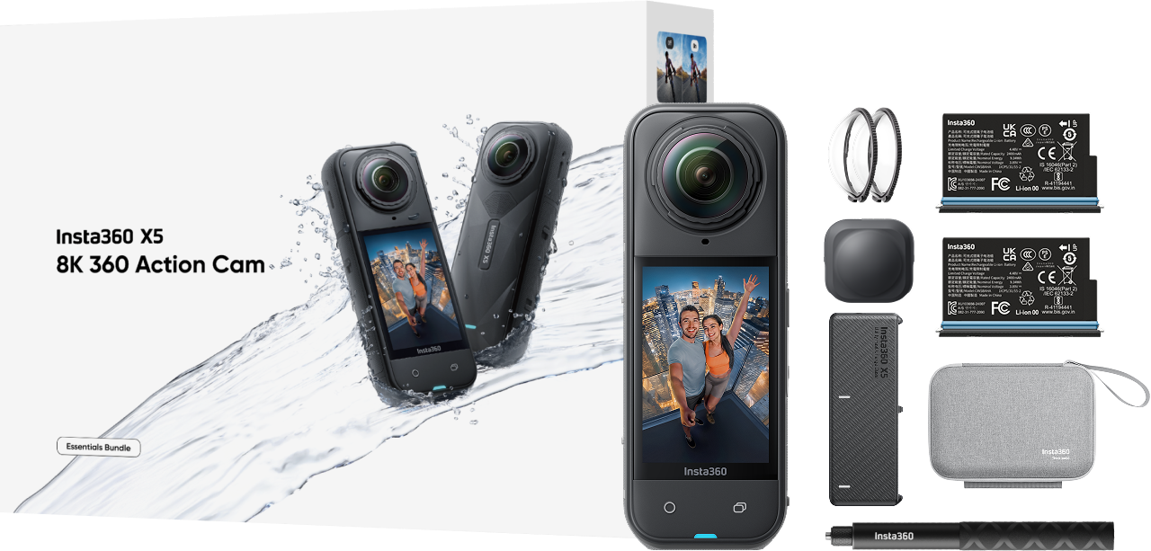 Caméra d'action Insta360 X5 8K 360 avec accessoires. Comprend caméra, batteries et étui.