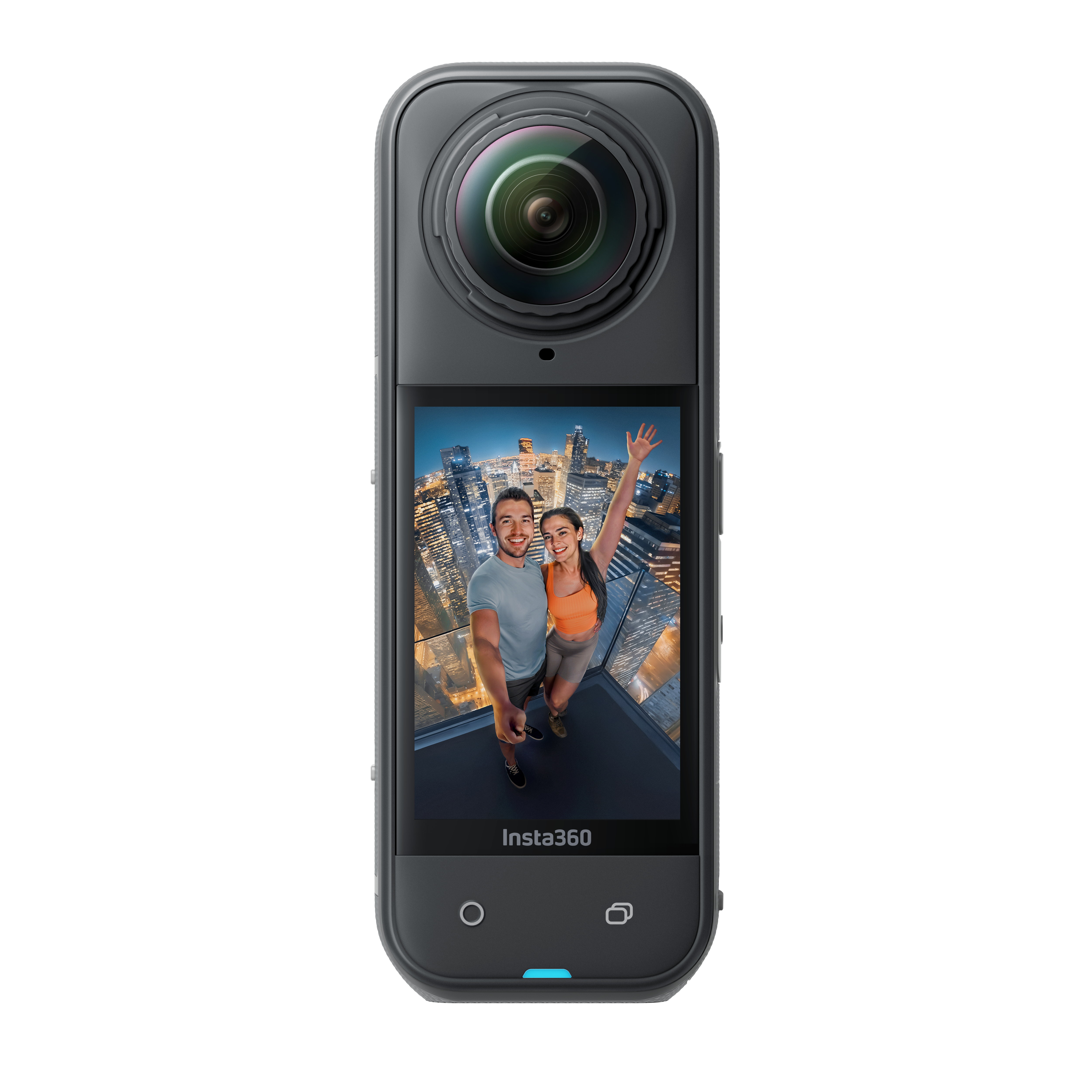 Eine schwarze Insta360-Kamera mit einem Bildschirm, der zwei winkende Personen auf einem Gebäude zeigt.