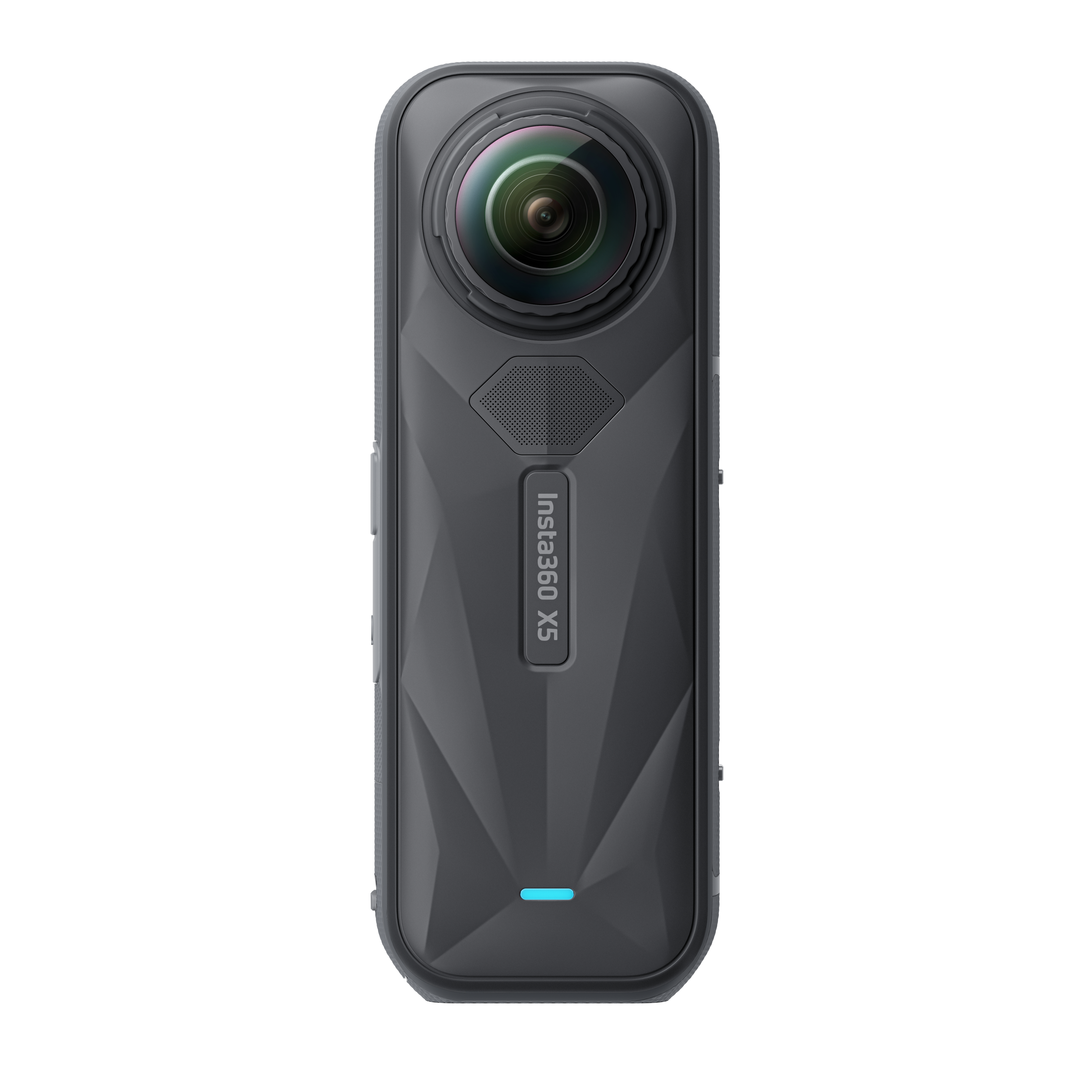 Schwarze Insta360 X5 Kamera mit Objektiv, mit blauem Licht unten.