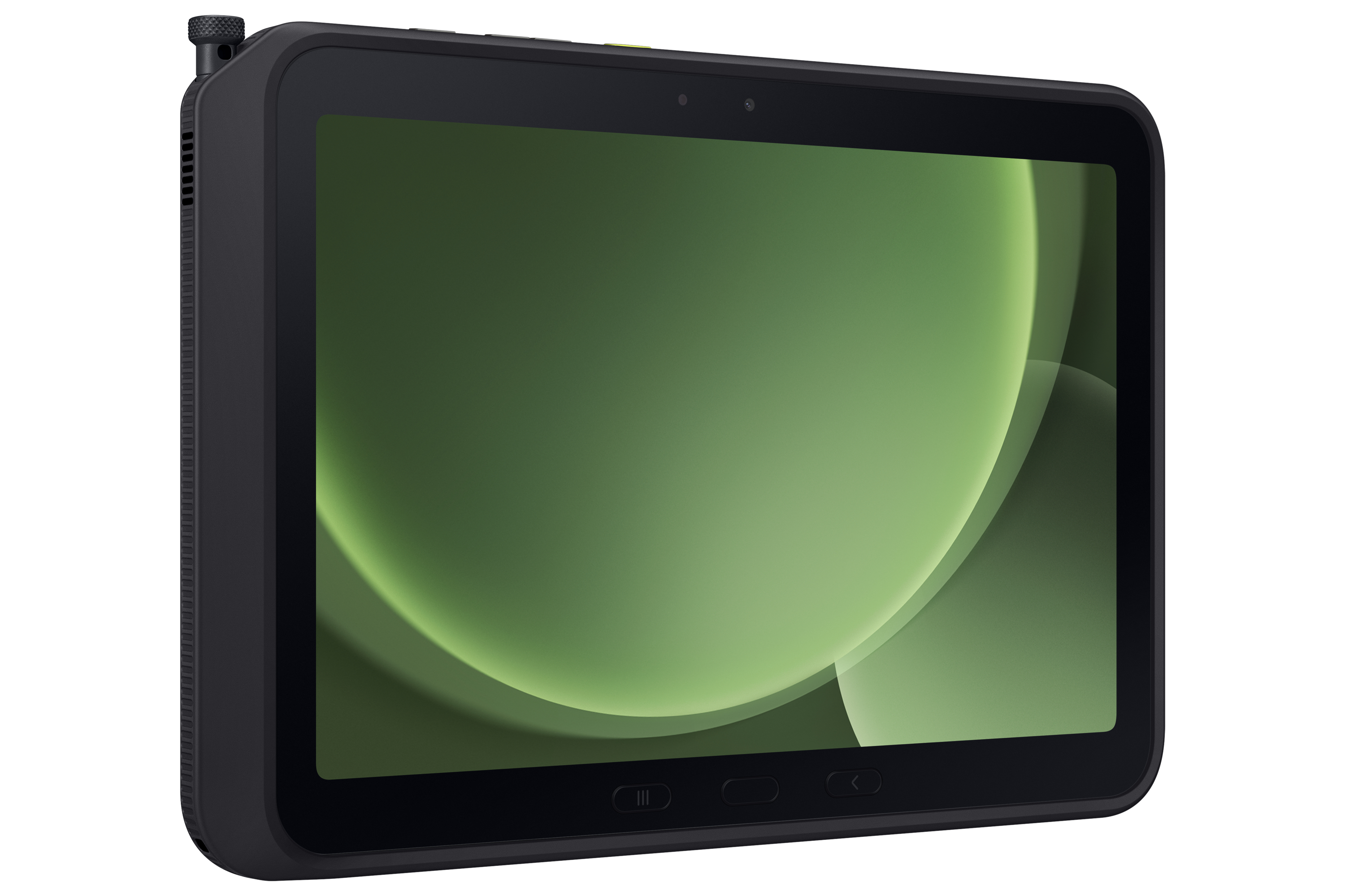 Schwarzes Tablet mit grünem und weißem Bildschirm auf weißem Hintergrund, Seitenansicht.