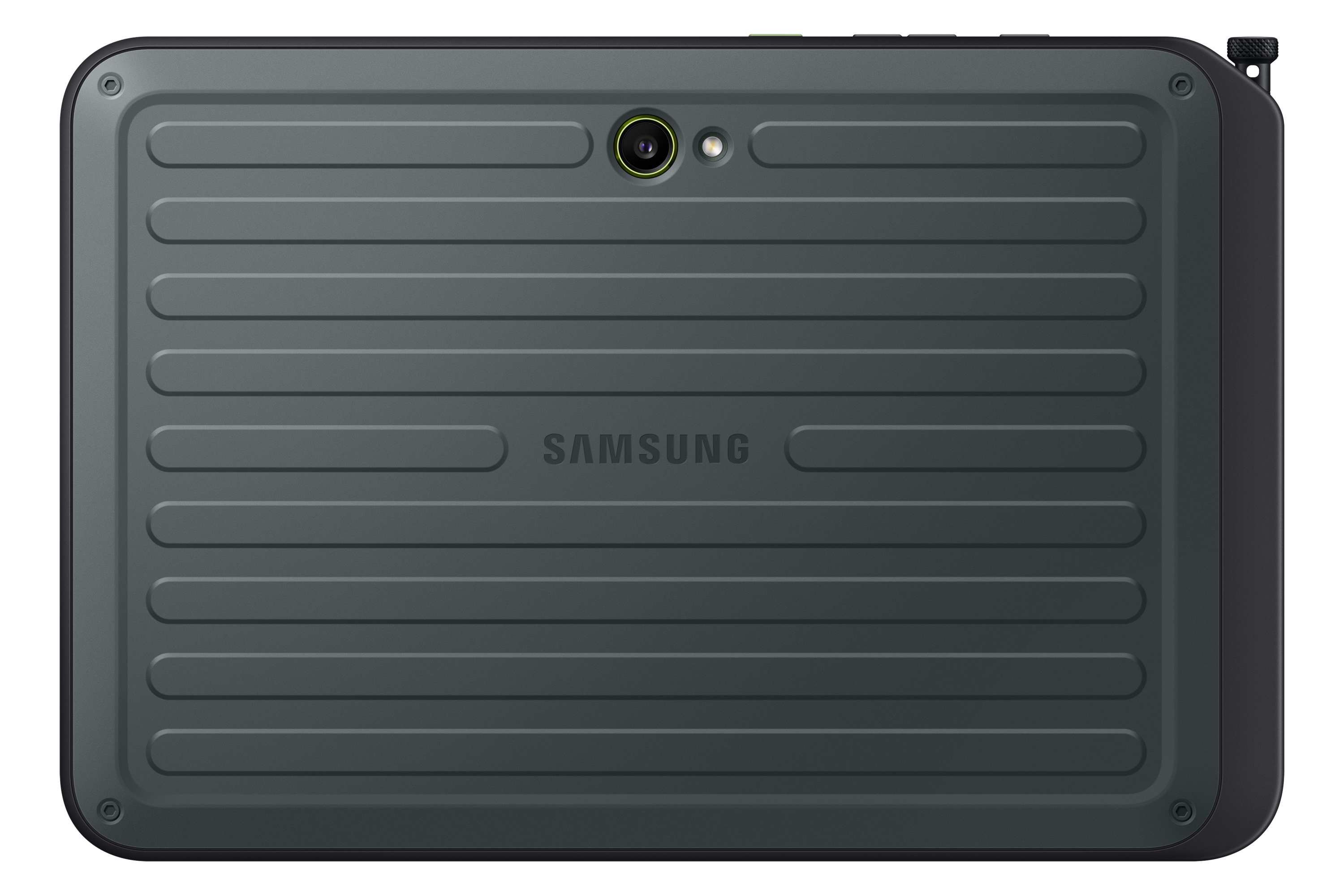 Tablettenrückseite, dunkelgrau, mit horizontalen Linien, Kamera und Samsung-Logo.