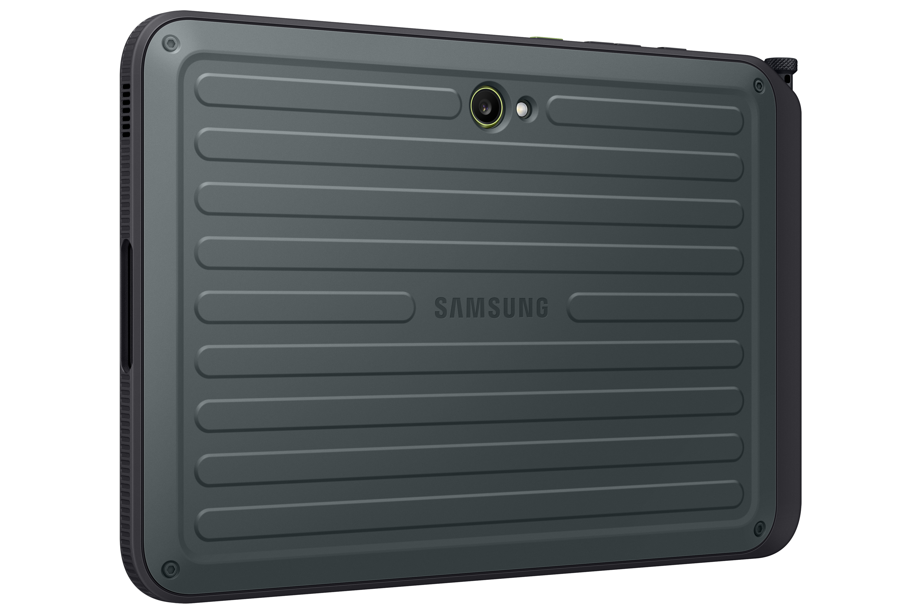 Dunkelgraues Tablet, schräge Ansicht. Samsung-Logo auf der Rückseite.