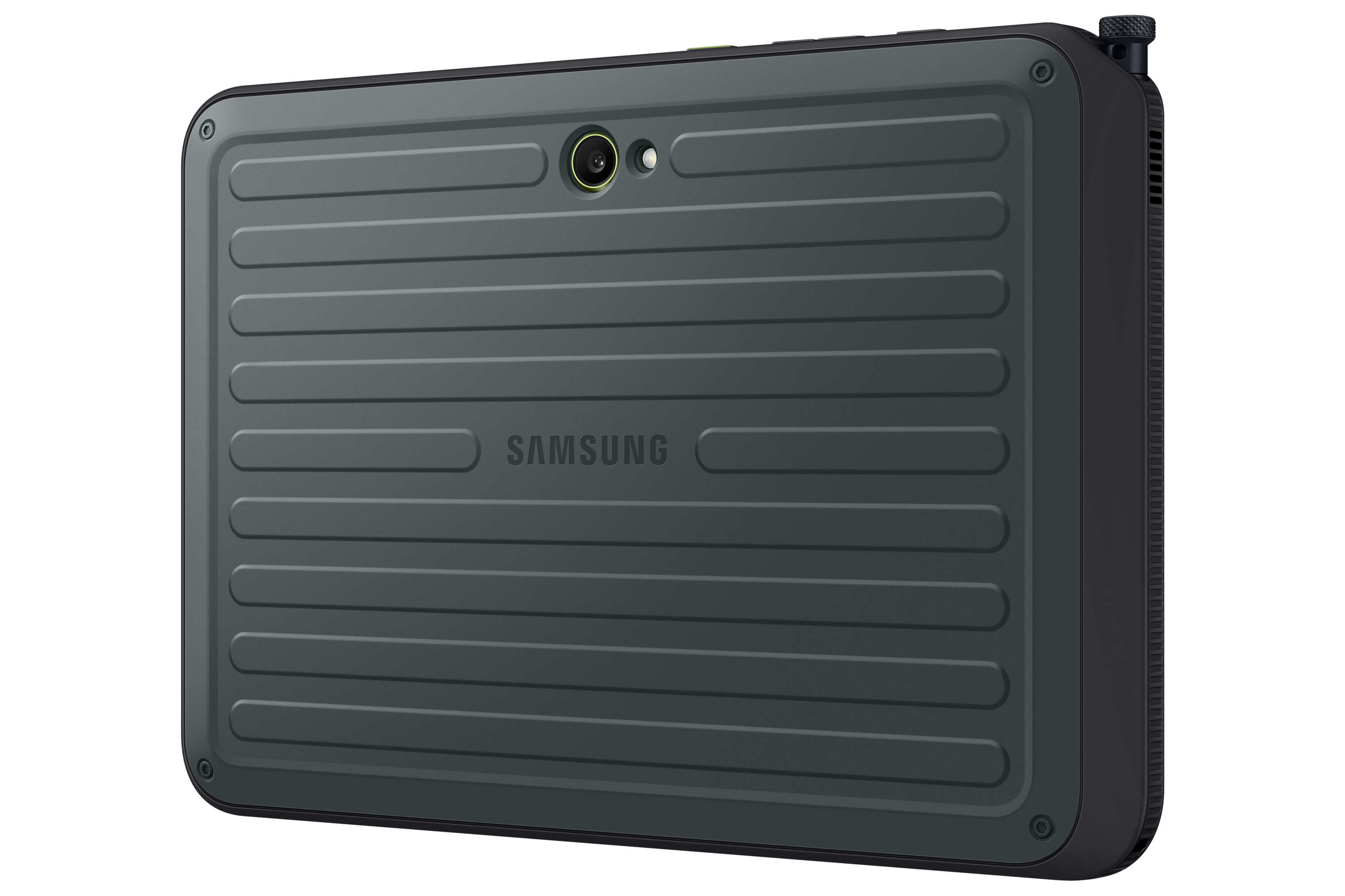 Dunkelgraues Samsung-Tablet mit geriffeltem Rücken und Kamera. Robustes Design mit schwarzen Rändern.