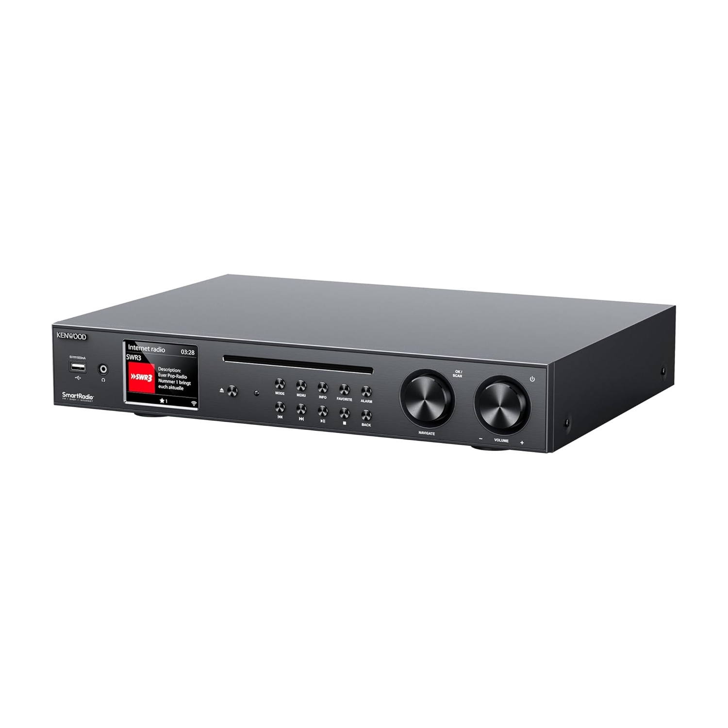 Un ricevitore radio Internet Kenwood nero. Ha uno schermo, pulsanti e una manopola del volume.