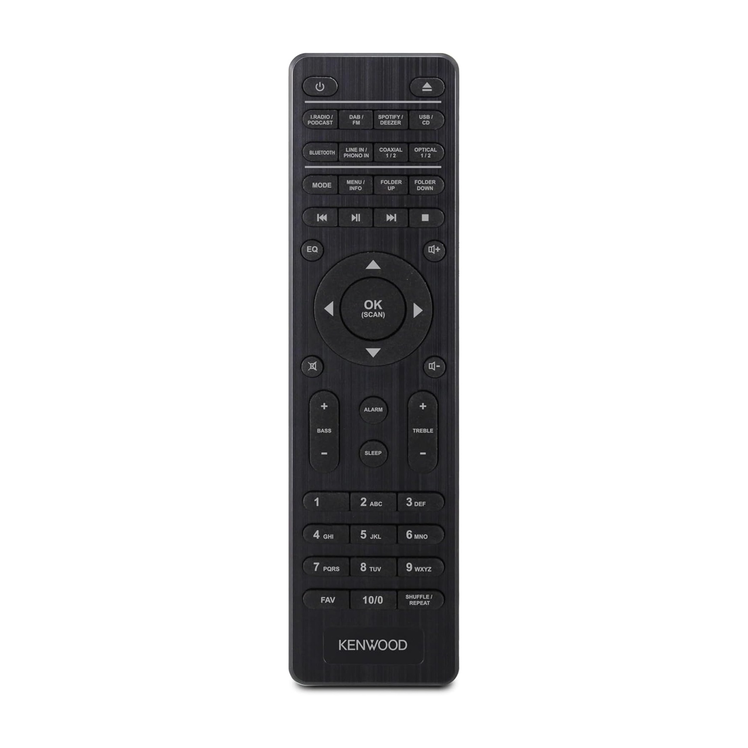 Telecomando Kenwood nero con molti pulsanti su sfondo bianco.