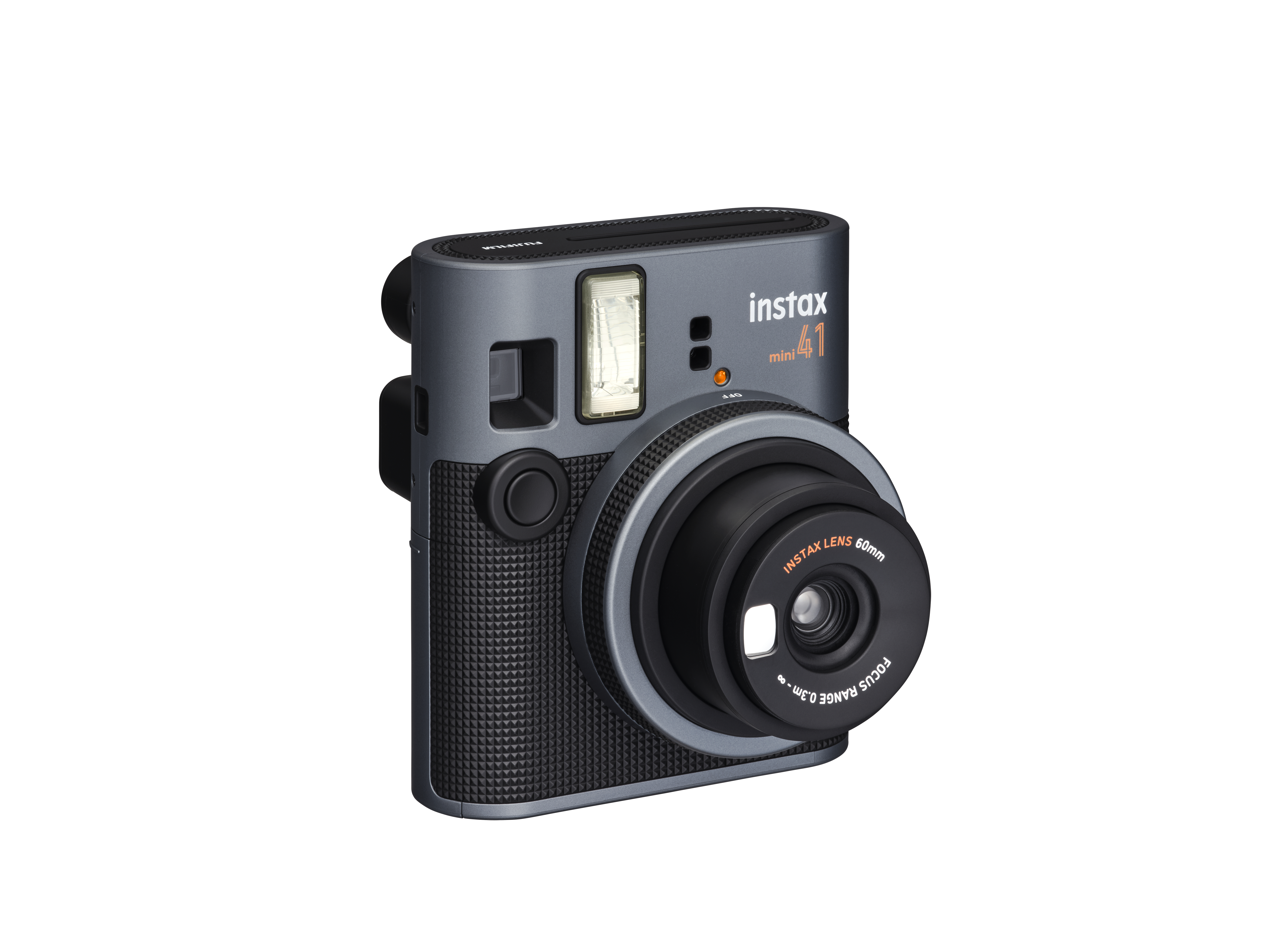 Graue Instax Mini 41 Kamera, schräge Ansicht, vor weißem Hintergrund.