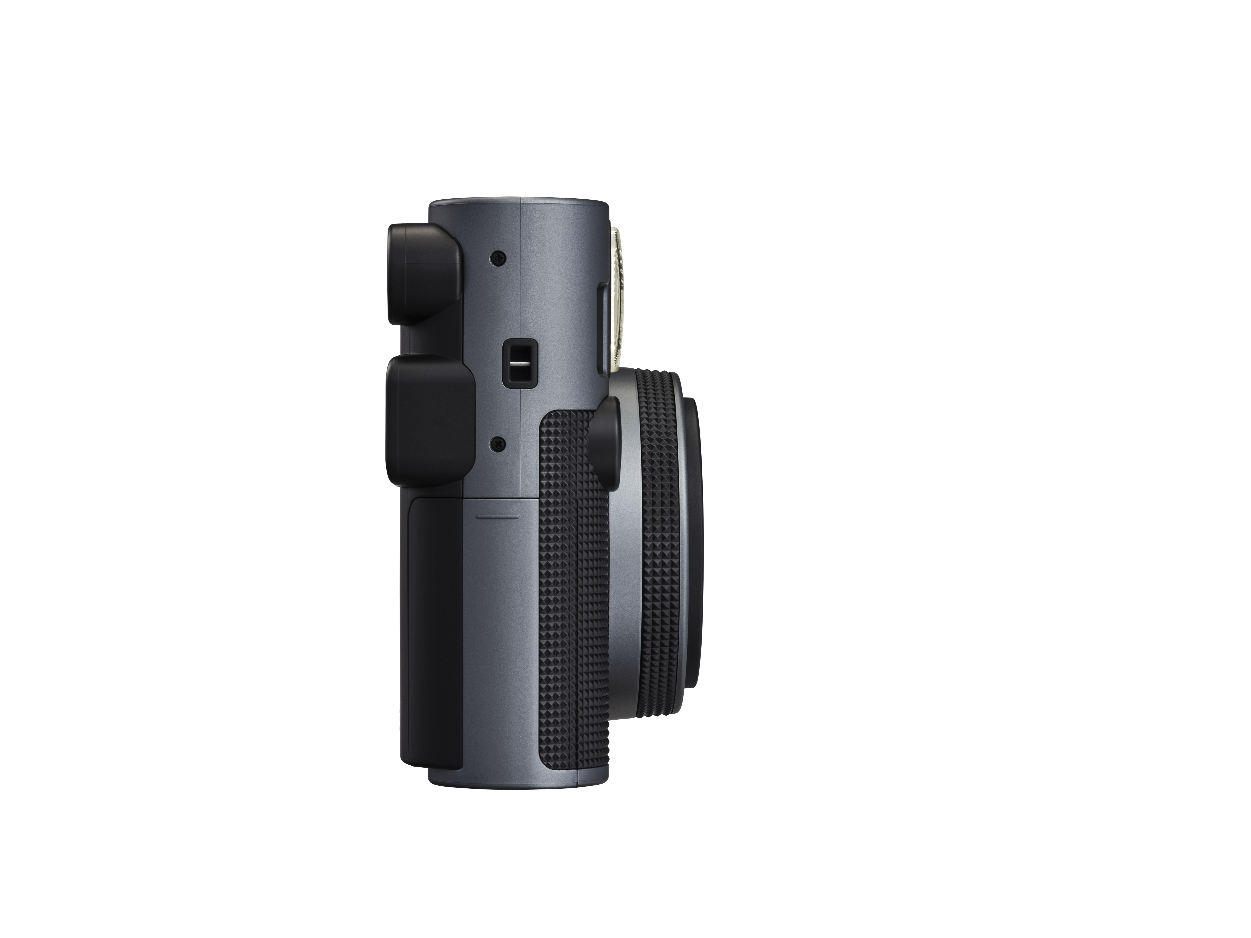 Schwarze Kamera, Seitenansicht, weißer HG.