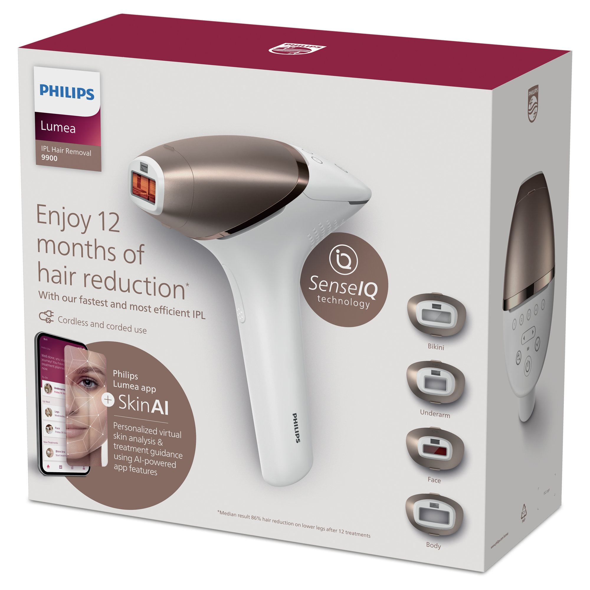 Dispositivo de depilación IPL Philips Lumea con caja, mostrando el dispositivo y accesorios.
