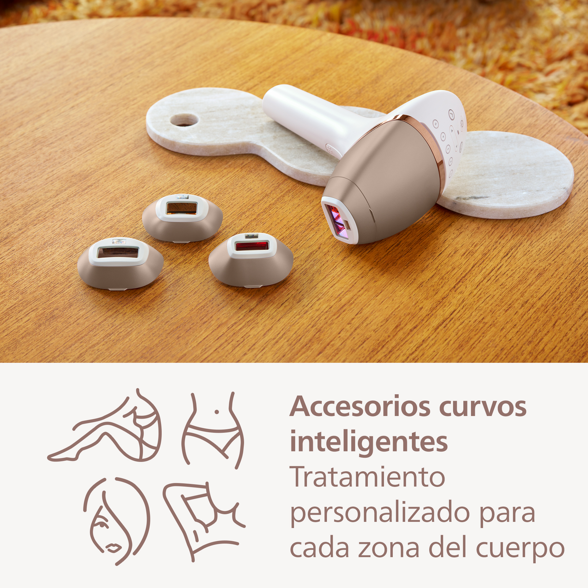 Dispositivo de depilación con accesorios y diagramas que indican áreas de uso para diferentes partes del cuerpo.