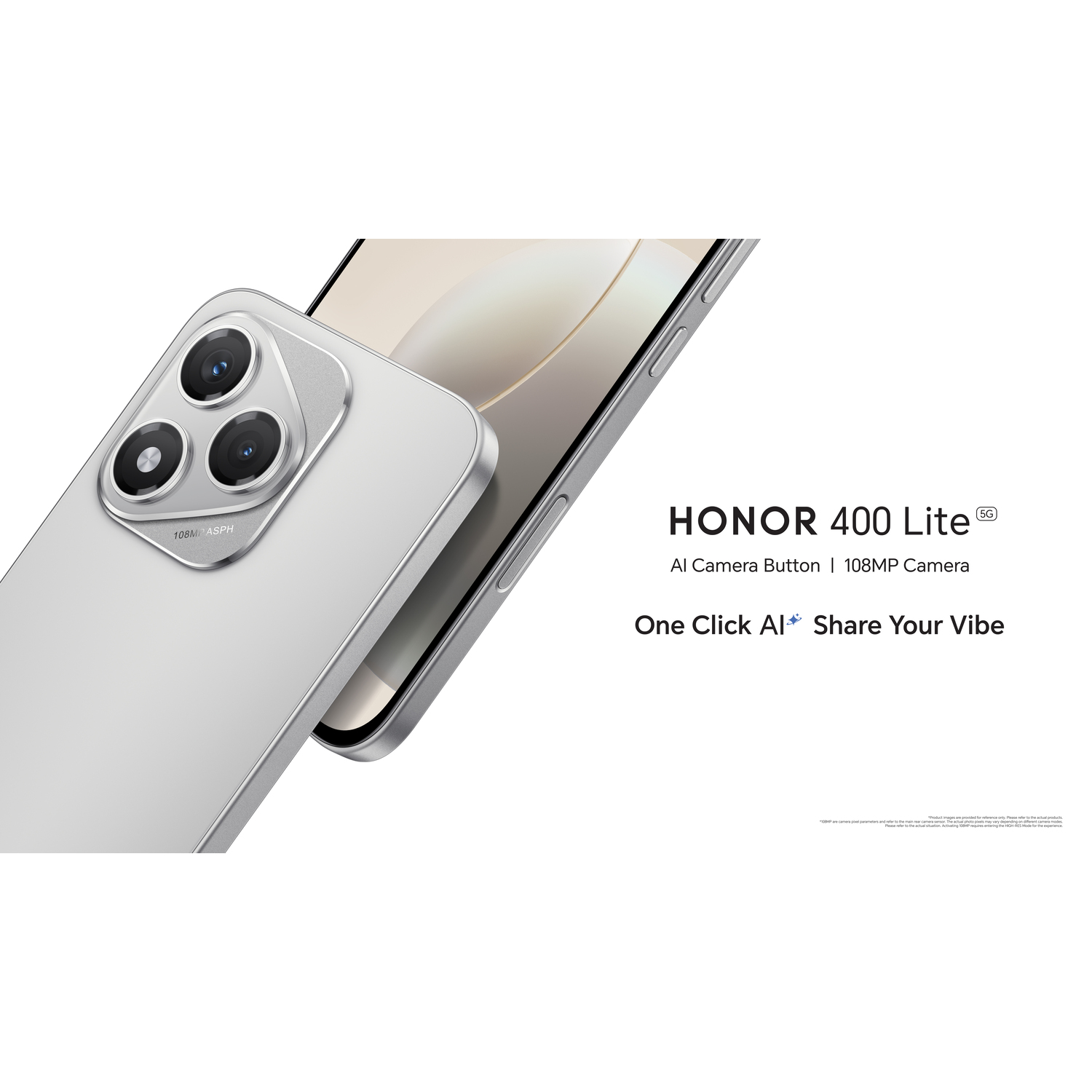 Een zilveren telefoon met een camera. Tekst zegt 'HONOR 400 Lite' en details over de camera.
