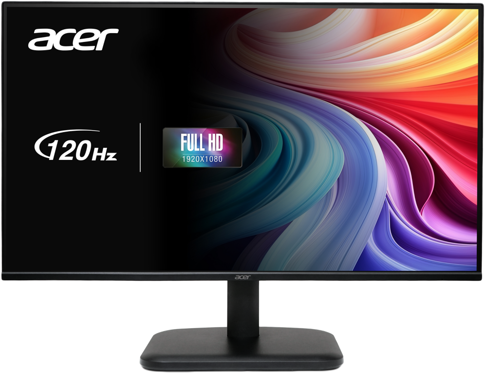Acer monitor színes kijelzővel. 120 Hz és Full HD. Fekete állvány és logó felül.
